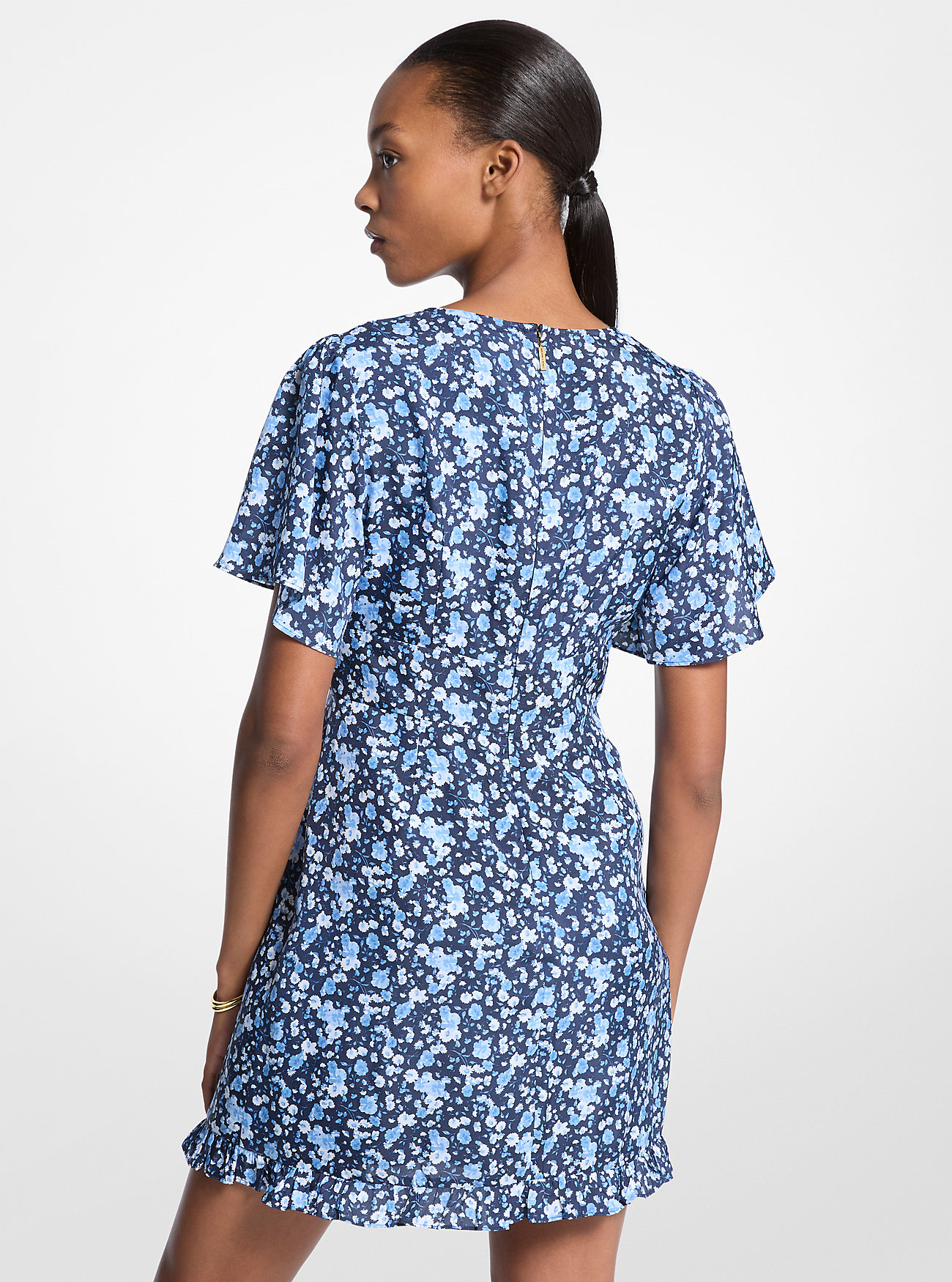 Kjole i viskose- og silkeblanding med blomstertrykk - FRENCH BLUE