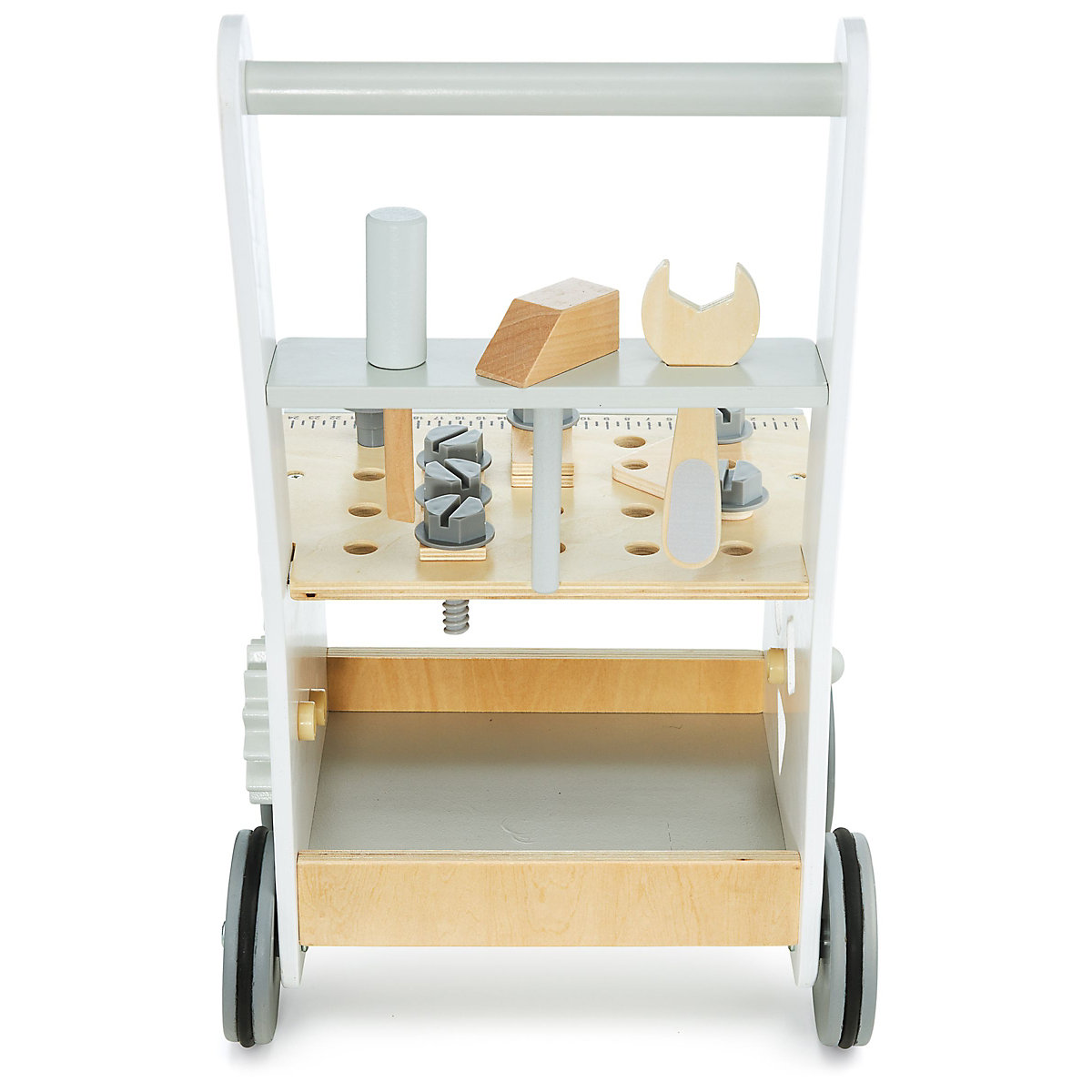 Lauflernwagen aus Holz mit Gummibereifung, Lauflernhilfe-Laufwagen für Kinder, Sortierer, Werkzeugbank für Kinder aus Holz