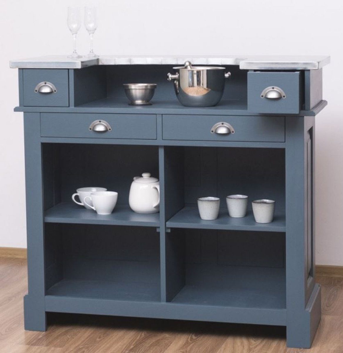 Casa Padrino Barschrank Landhausstil Theke Blau / Silber 120 x 65 x H. 107 cm - Massivholz Thekentisch mit verzinkter Tischplatte - Barmöbel im Landhausstil
