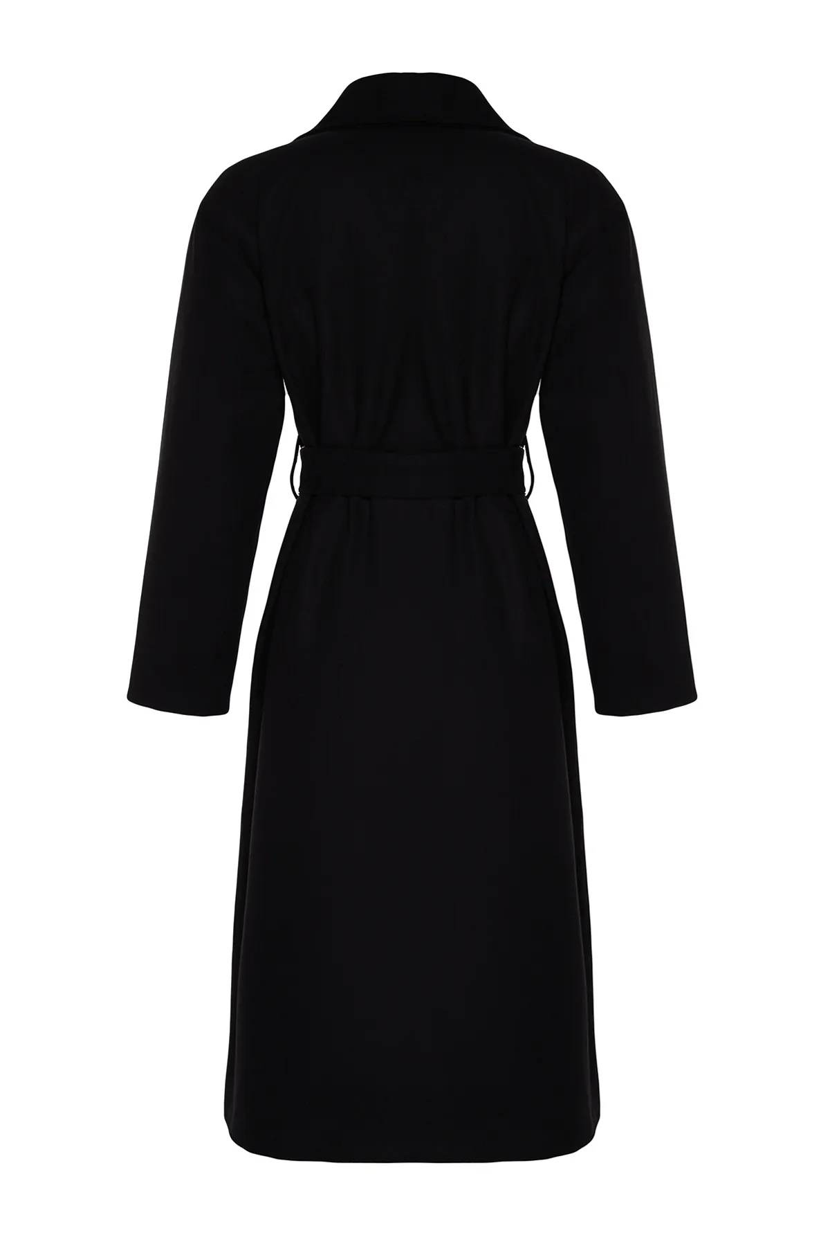 Trendyol Modest  Schwarzer, langer, gefütterter Kaschmirmantel mit Gürtel TCTAW24AB00035
