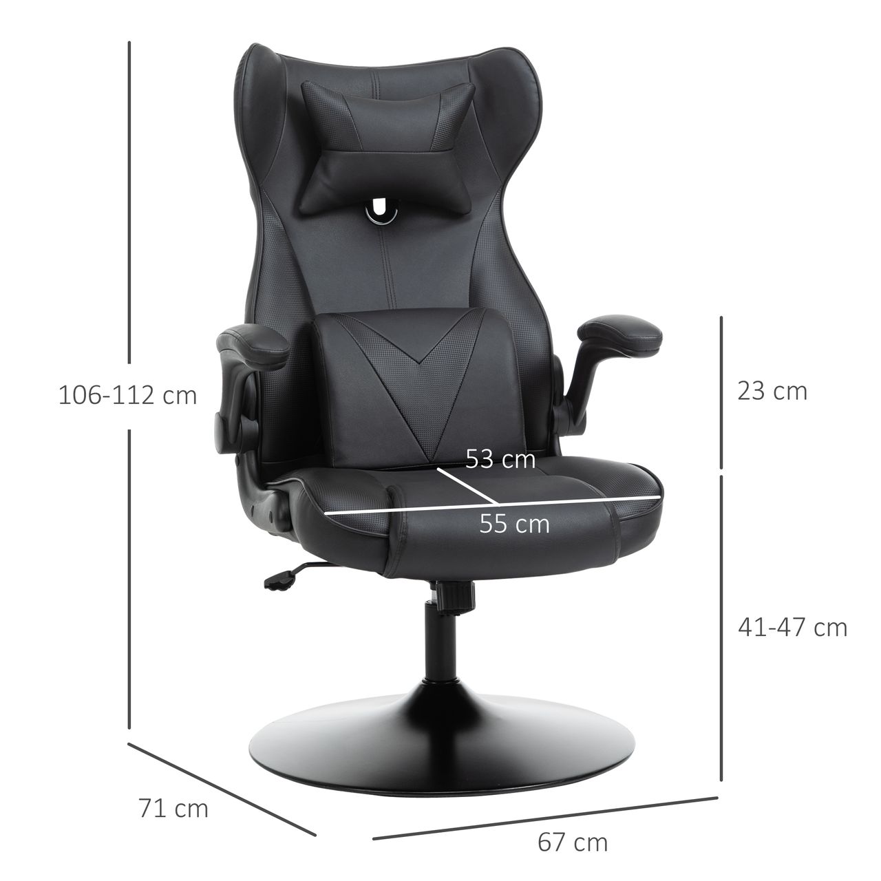 HOMCOM Gaming Stuhl Ergonomischer Computerstuhl Bürostuhl Schreibtischstuhl mit Wippenfunktion und Lendenkissen Drehstuhl höhenverstellbar gepolsterter Sitz Metall Schwarz 67x71x112 cm