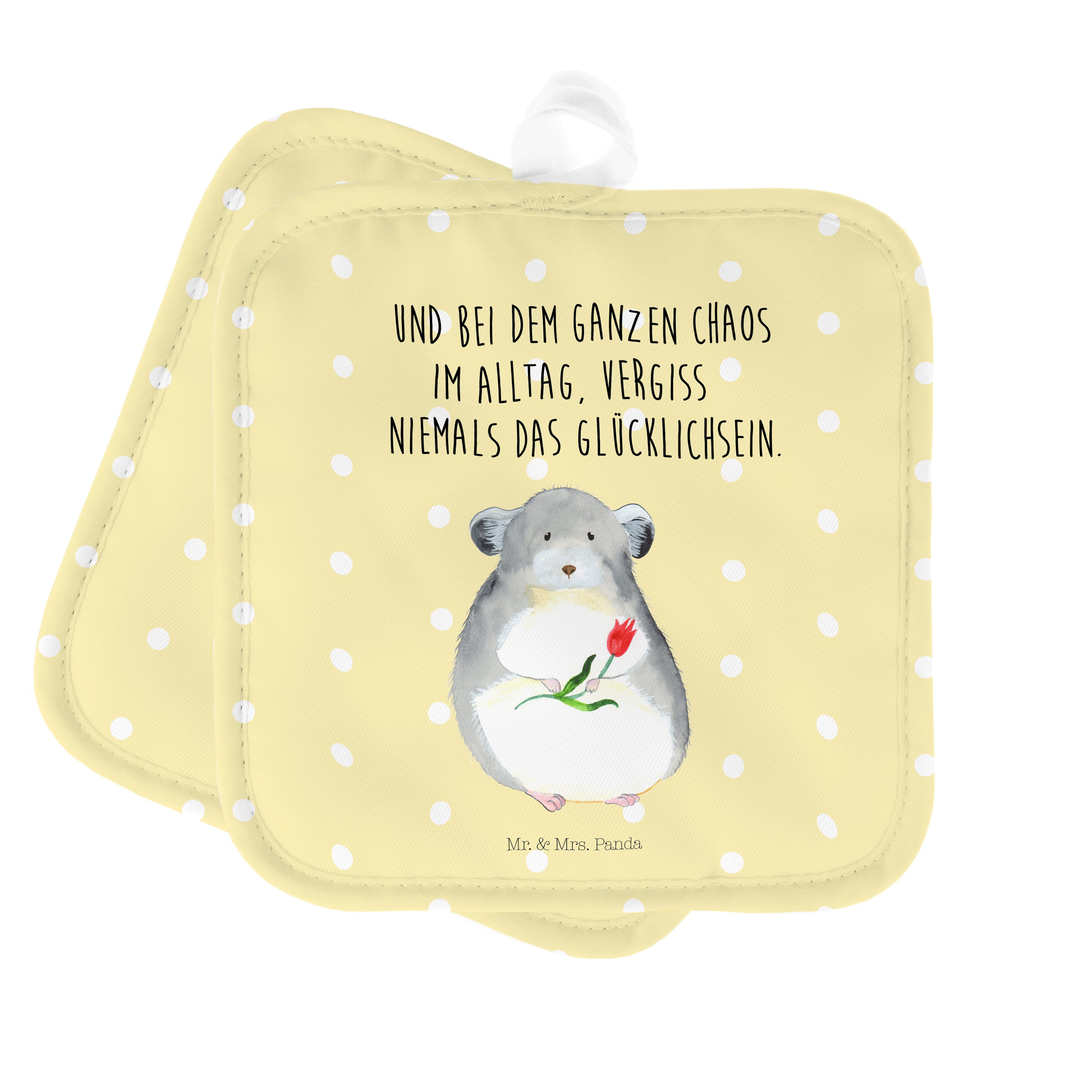 Mr. & Mrs. Panda Topflappen Chinchilla mit Blume - Gelb Pastell - Geschenk, Topflappen, Tiere, Gu, (1-tlg)