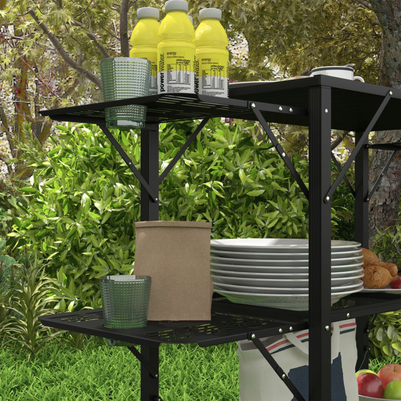 Outsunny Campingtisch Faltbar, Camping-Küchentisch mit 2 Ablagen, 4 Seitentische