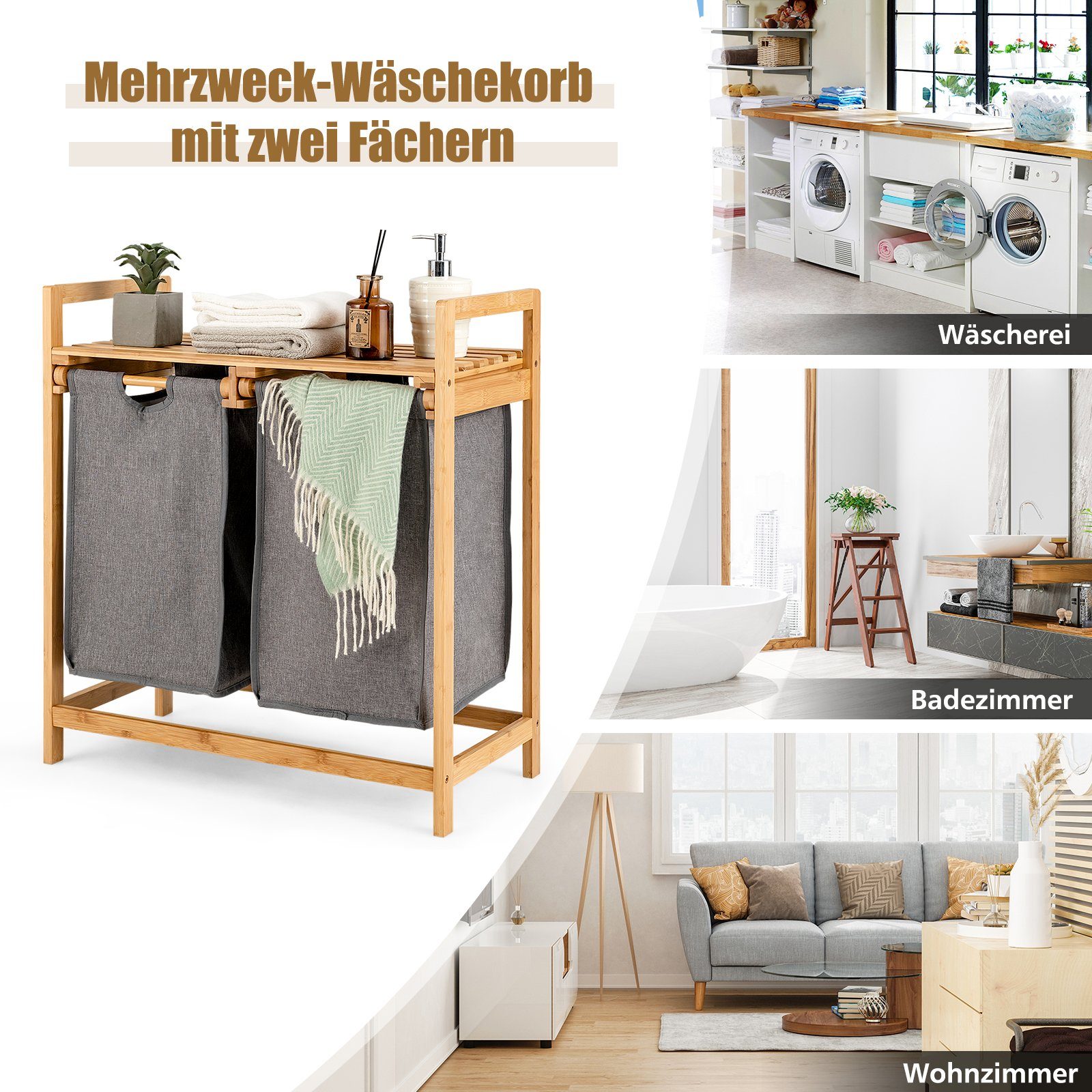 COSTWAY Wäschekorb, 2 Fächer Bambus, mit Ablage, 64x33x73cm