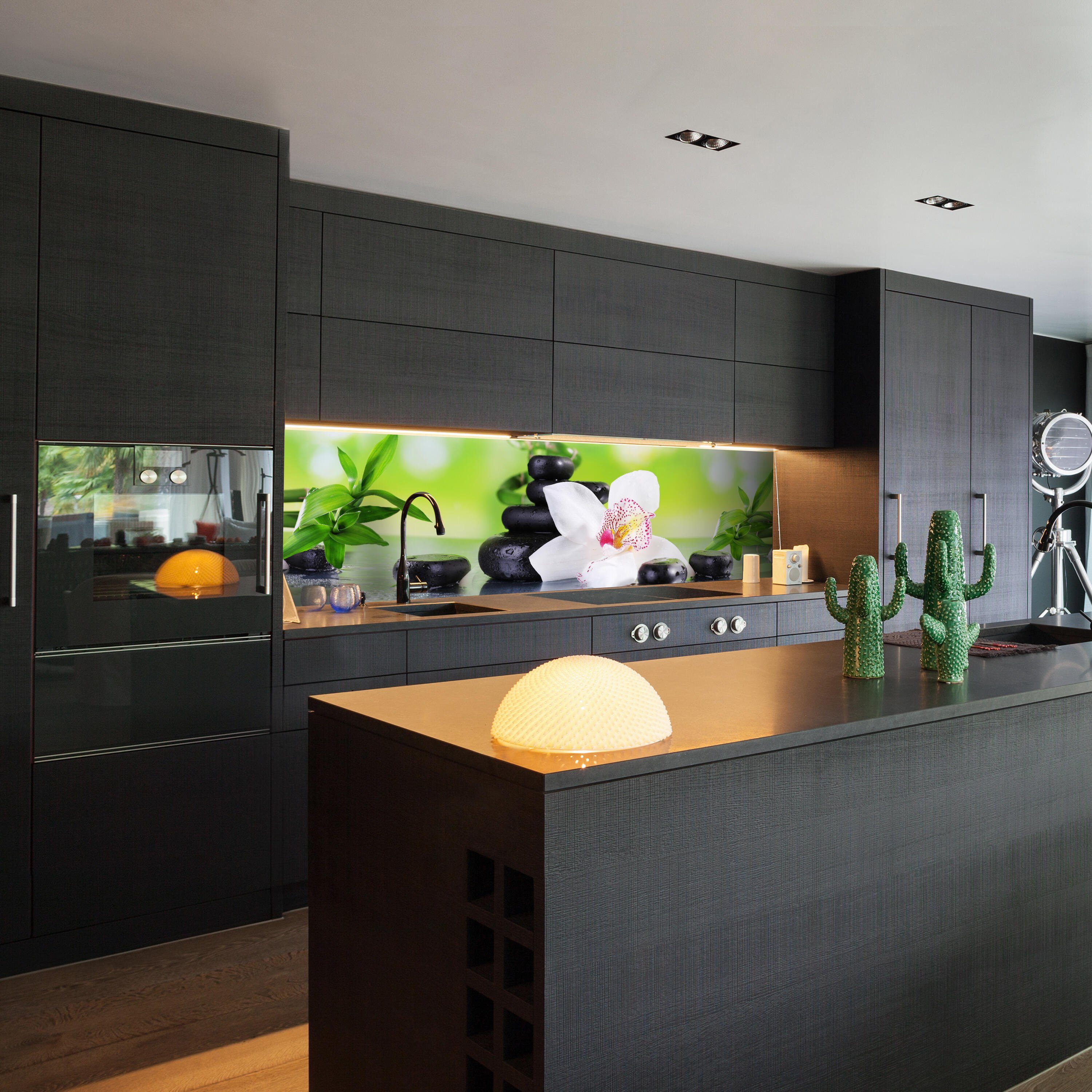 wandmotiv24 Küchenrückwand Orchidee Bambus Steine Glas, (1-tlg), Premium Hartschaum Nischenrückwand in versch. Größen