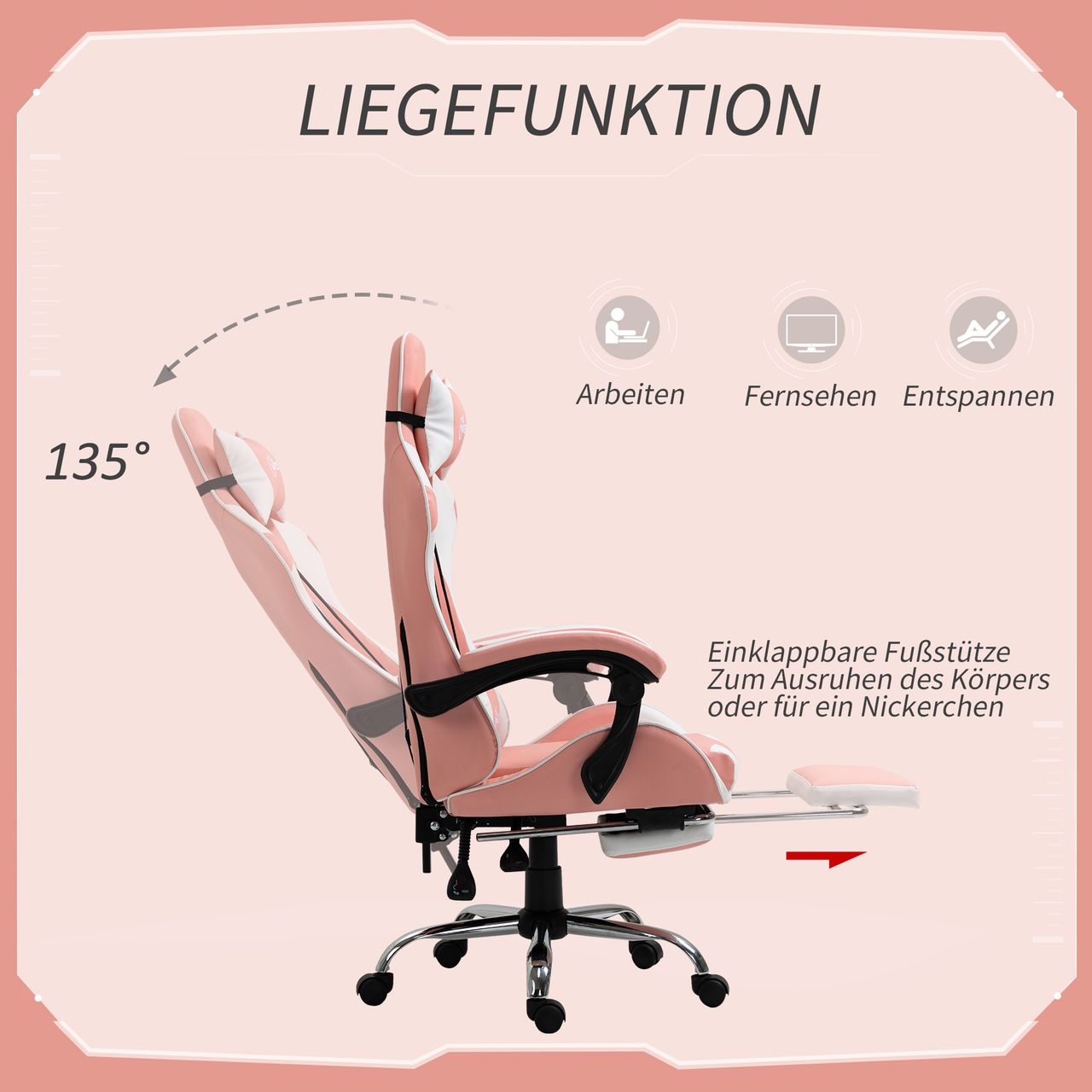 HOMCOM Gamingstuhl Computerstuhl Ergonomischer Bürostuhl Gamer Stuhl mit Kopfstütze Lendenkissen Bürostuhl höhenverstellbar 360°drehbar Schaumstoff Kunstleder PVC Rosa Weiß 64 x 67 x 119-127 cm