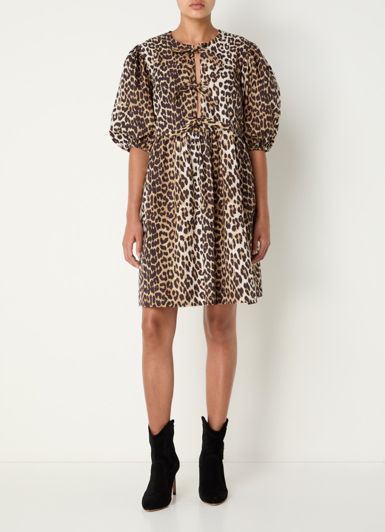 Rochie-tunic scurtă Ganni din bumbac organic, cu imprimeu leopard.