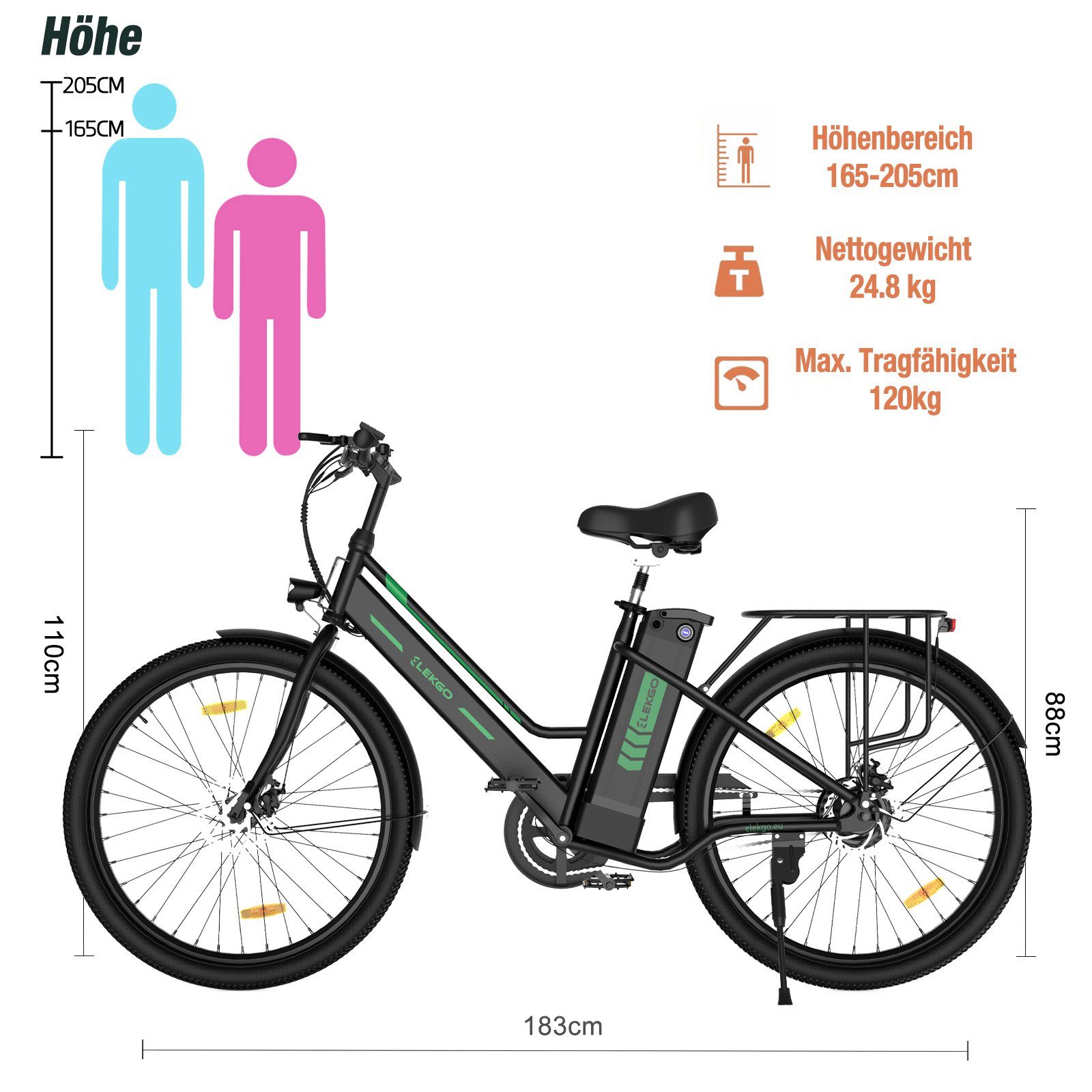 Evercross E-Bike E-fahrräder ELEKGO EG08S 26 Zoll Elektro-cityrad, 1 Gang, Heckmotor, 36V 8.4AH Lion-akku, Mit Batterieschloss Range 35-70km E-cityrad
