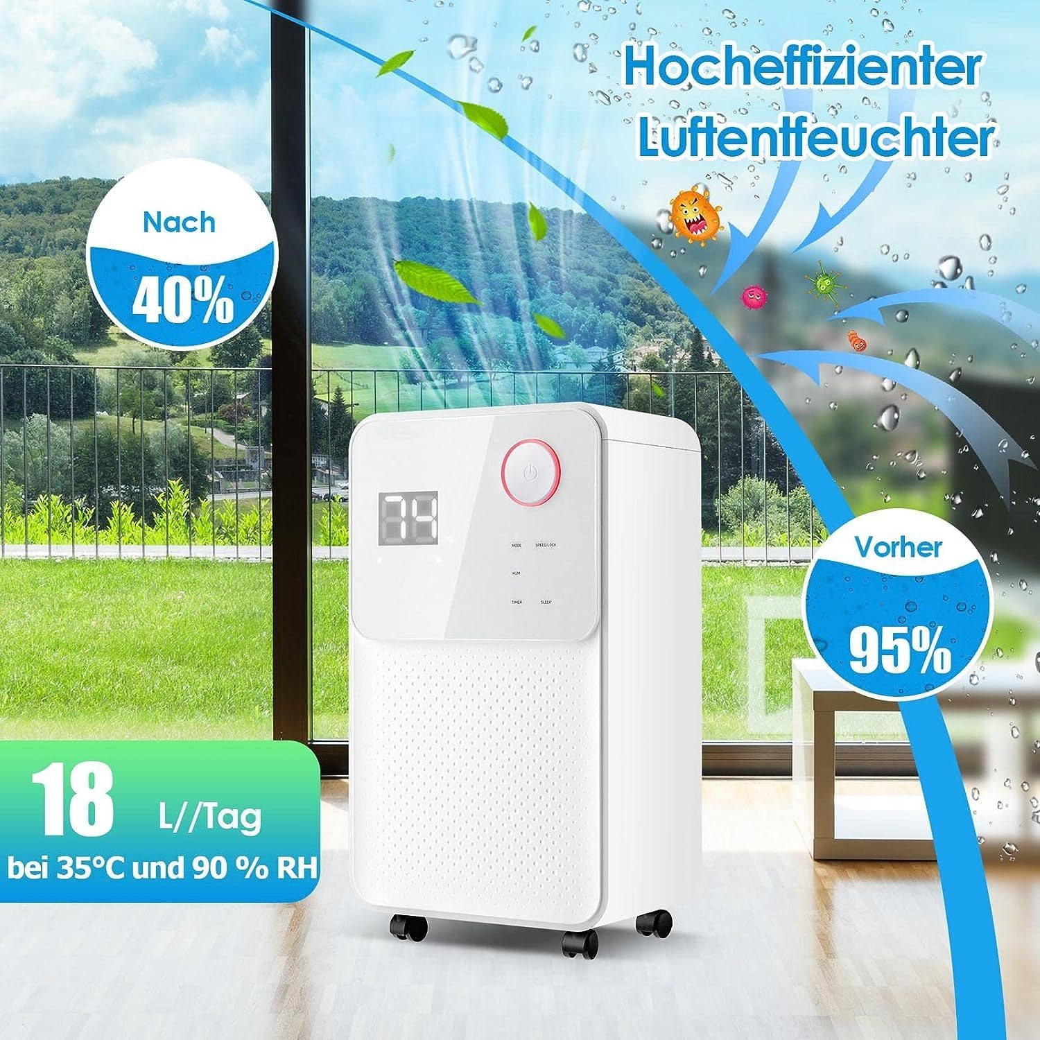 KOMFOTTEU Luftentfeuchter, für 15 m³ Räume, Entfeuchtung 12,00 l/Tag, Tank 2,00 l