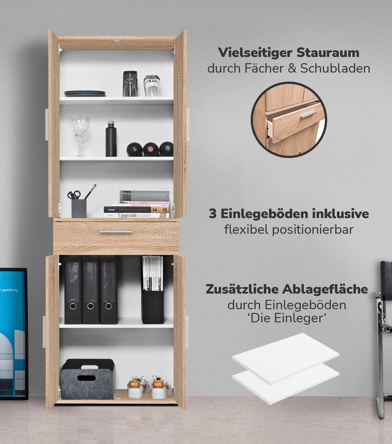 mokebo Mehrzweckschrank Der Praktische (180cm Höhe) Apothekerschrank, Vorratschrank, Schuhschrank, Küchenschrank Braun
