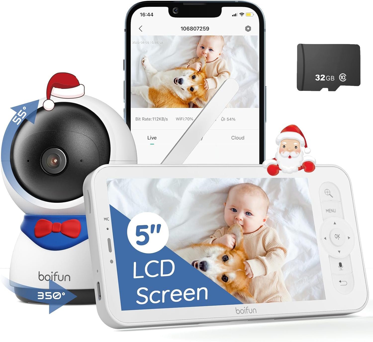 Boifun Babyphone Video-Babyphone Babyphone mit Kamera Mit 32GB SD Karte, 5 Zoll LCD-Display Babyfon,1080P HD, PT 350°/55°, 4×Zoom, mit Kamera App, Automatisches AI-Tracking, Bewegungs/Geräuscherkennung