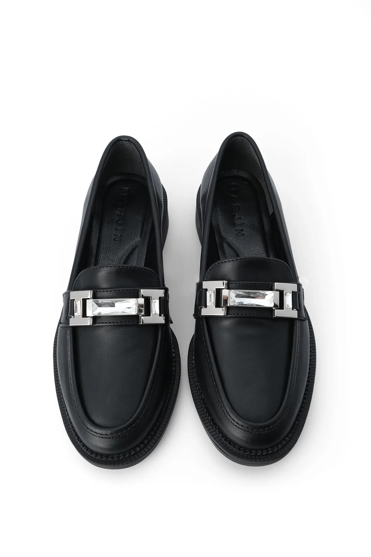 Marjin  Damen Loafer mit Schmucksteinen und Schnalle, Freizeitschuhe Hosre Schwarz
