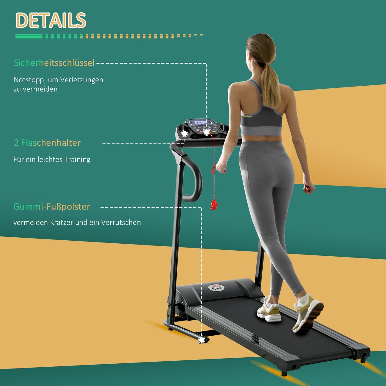 HOMCOM Laufband Klappbar elektrisch 500 W 0,8-10 km/h 0,75HP LCD-Display Handyhalterung geeignet für Home Gym Indoor Fitness Schwarz 123 x 62 x 117 cm