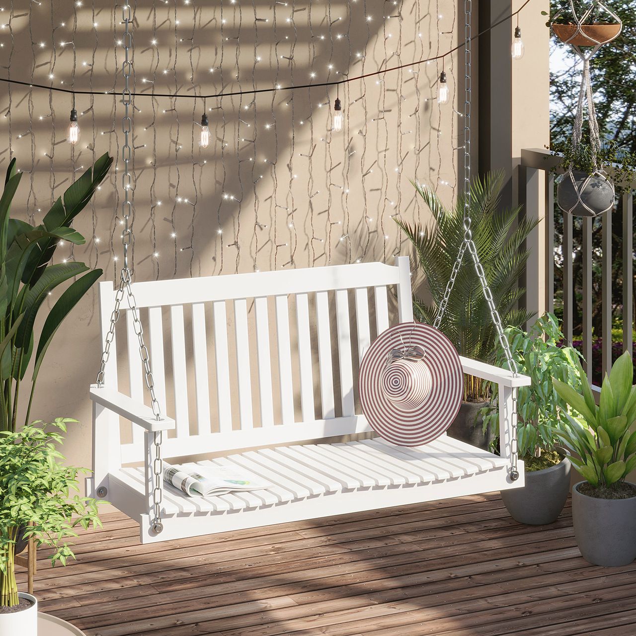 Outsunny Gartenschaukel für 2 Personen Schaukelbank Hängebank Massivholz Patio Terrasse Hinterhof Weiß 117 x 69 x 60 cm