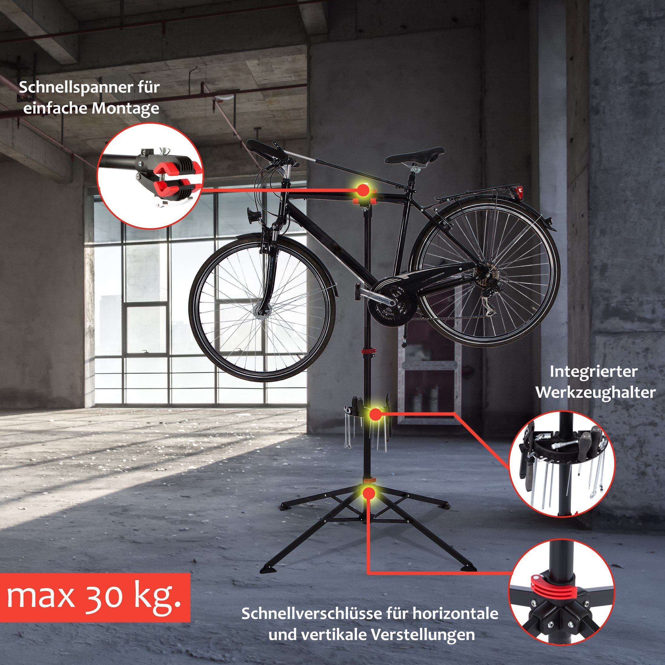 Zoomyo Fahrrad-Montageständer Fahrradmontageständer (Semi-Profi, MTB E-Bike Ständer, für Fahrräder bis 30 kg, Fahrrad Reparatur Ständer), mit Werkzeugschale und Teleskoparm, schnell aufzubauen