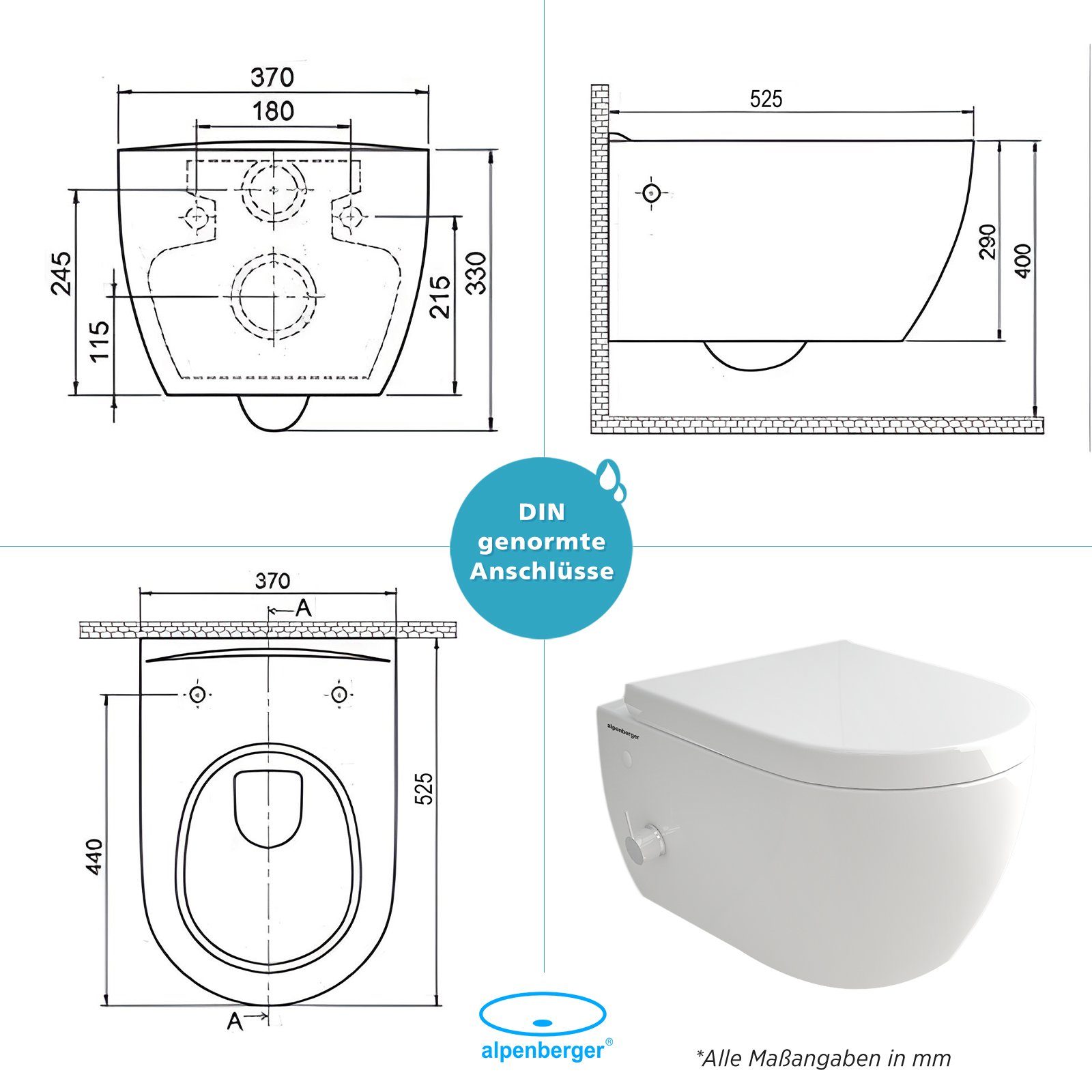 Alpenberger Tiefspül-WC - Spülrandloses WC mit Bidet Funktion und Einhebelarmatur - Hänge WC, Wandmontage, Abgang Waagerecht, Toilette Komplett Set Passend zu Geberit, Dusch WC - Taharet WC - Made in EU