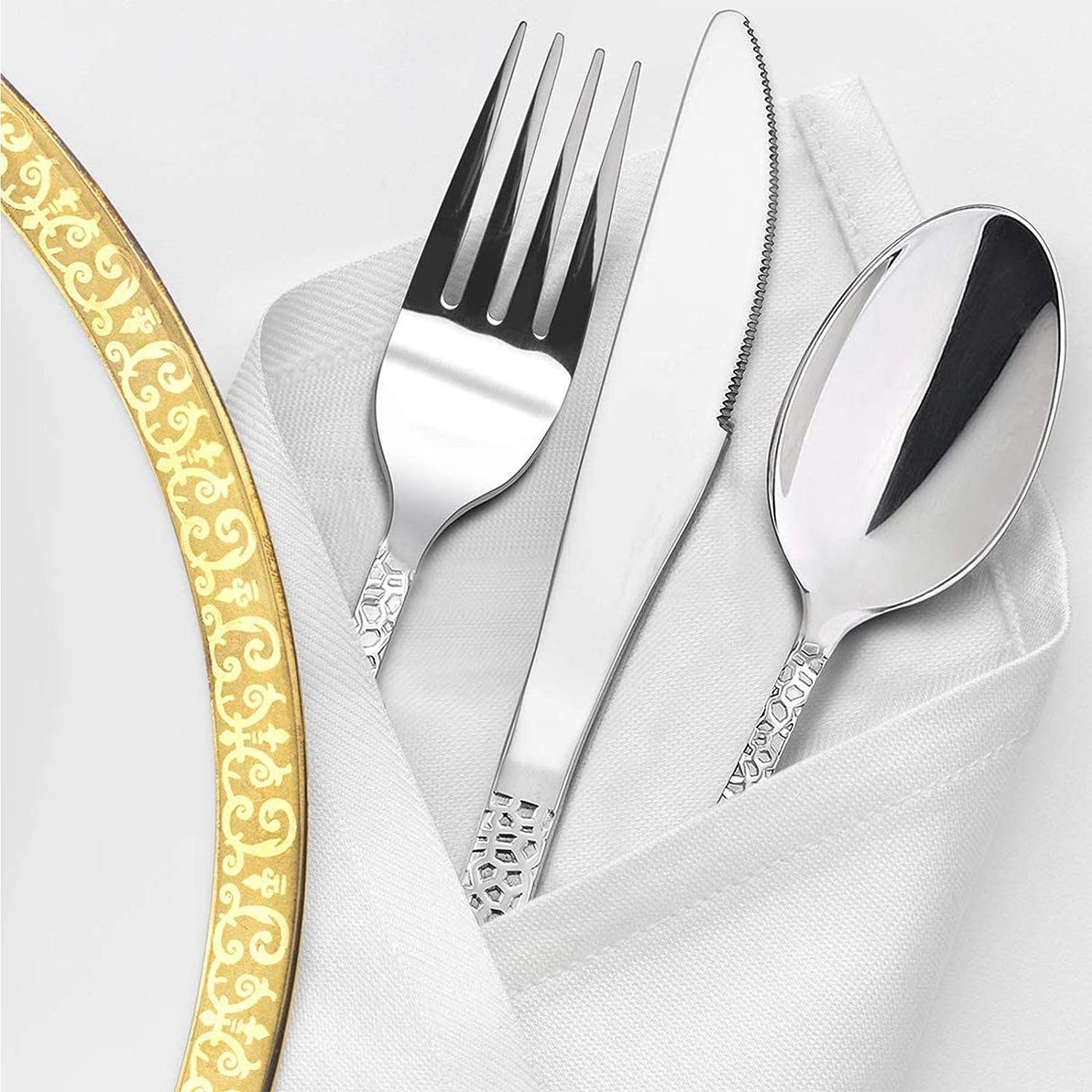 AKKEE Besteck-Set 30-teilig Besteckset Edelstahl Essbesteck für 6 Personen, mit Messer Gabel Löffel, Gehämmertes Tafelbesteck für Haushalt/Küche