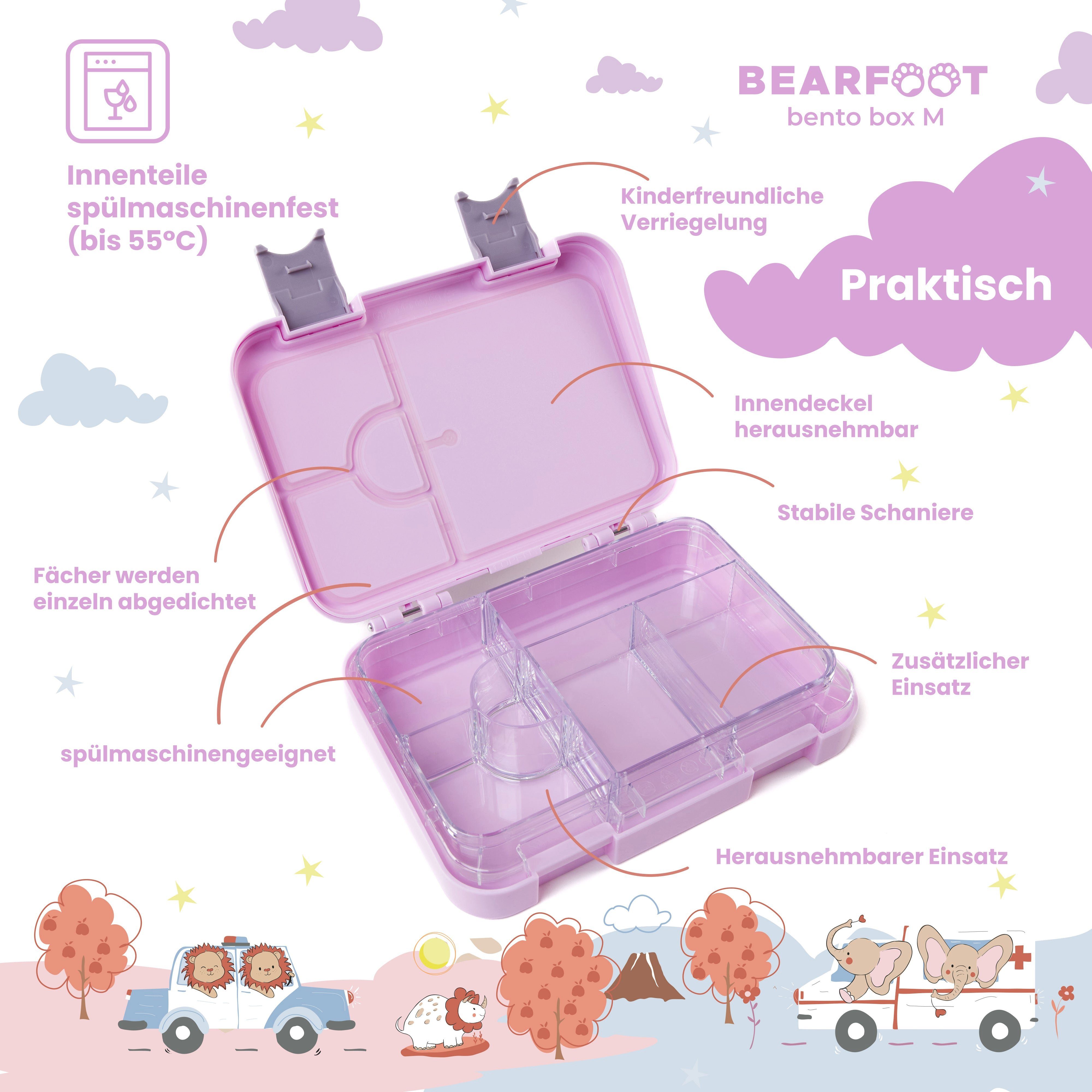 BEARFOOT Lunchbox Brotdose Kinder mit Fächern, Lunchbox, Bento box - Einhorn Lila, handgezeichnete Designs, modular