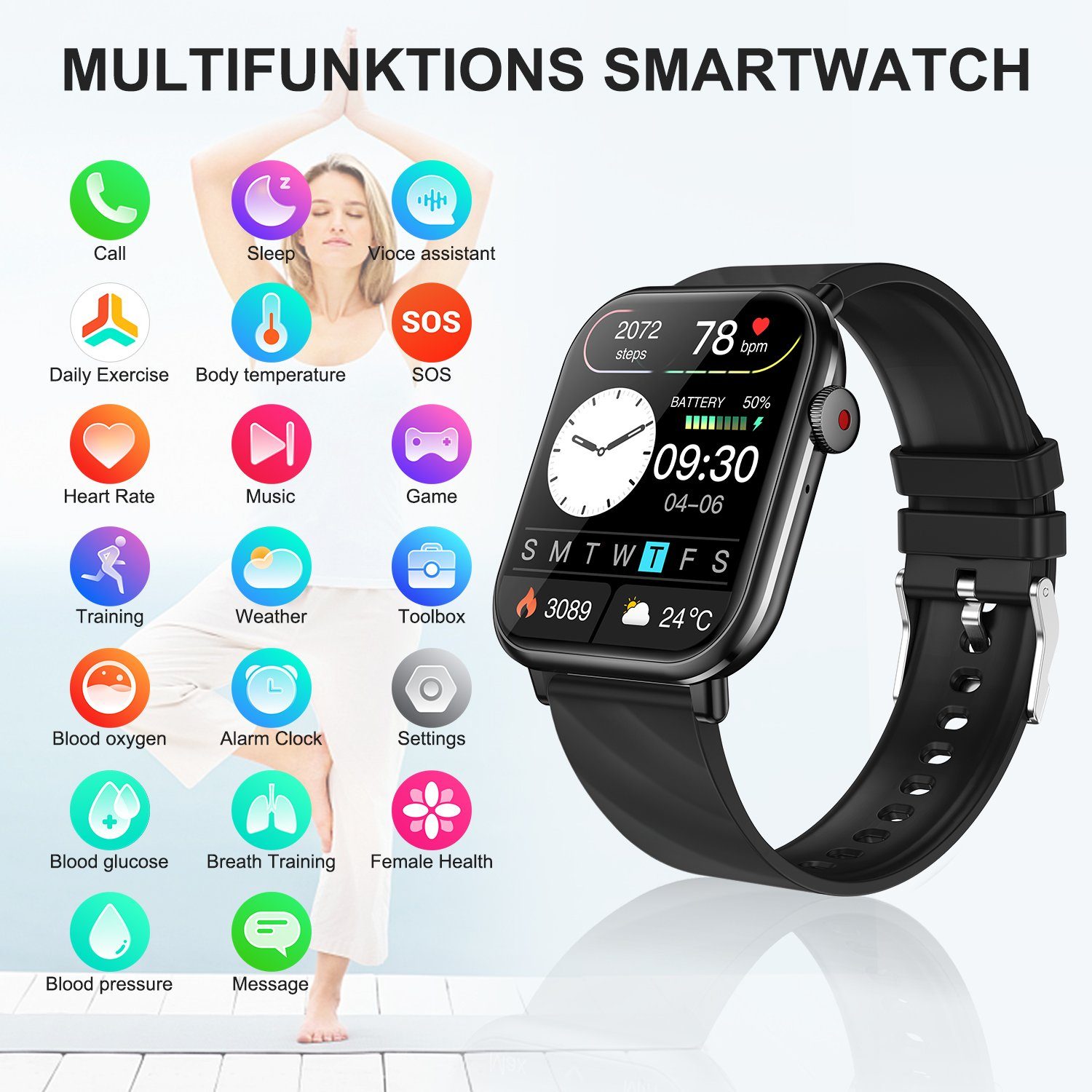walkbee Smartwatch,Fitness Tracker Uhr für Damen Herren mit Telefonfunktion Smartwatch (5 cm/1.96 Zoll Full-Touch Zoll) IP67 Wasserdicht Fitness Uhr, 4 Austauschbare Armbänder, Fitness Tracker mit Schrittzähler, Pulsmesser, Frauengesundheit,Schlaftra