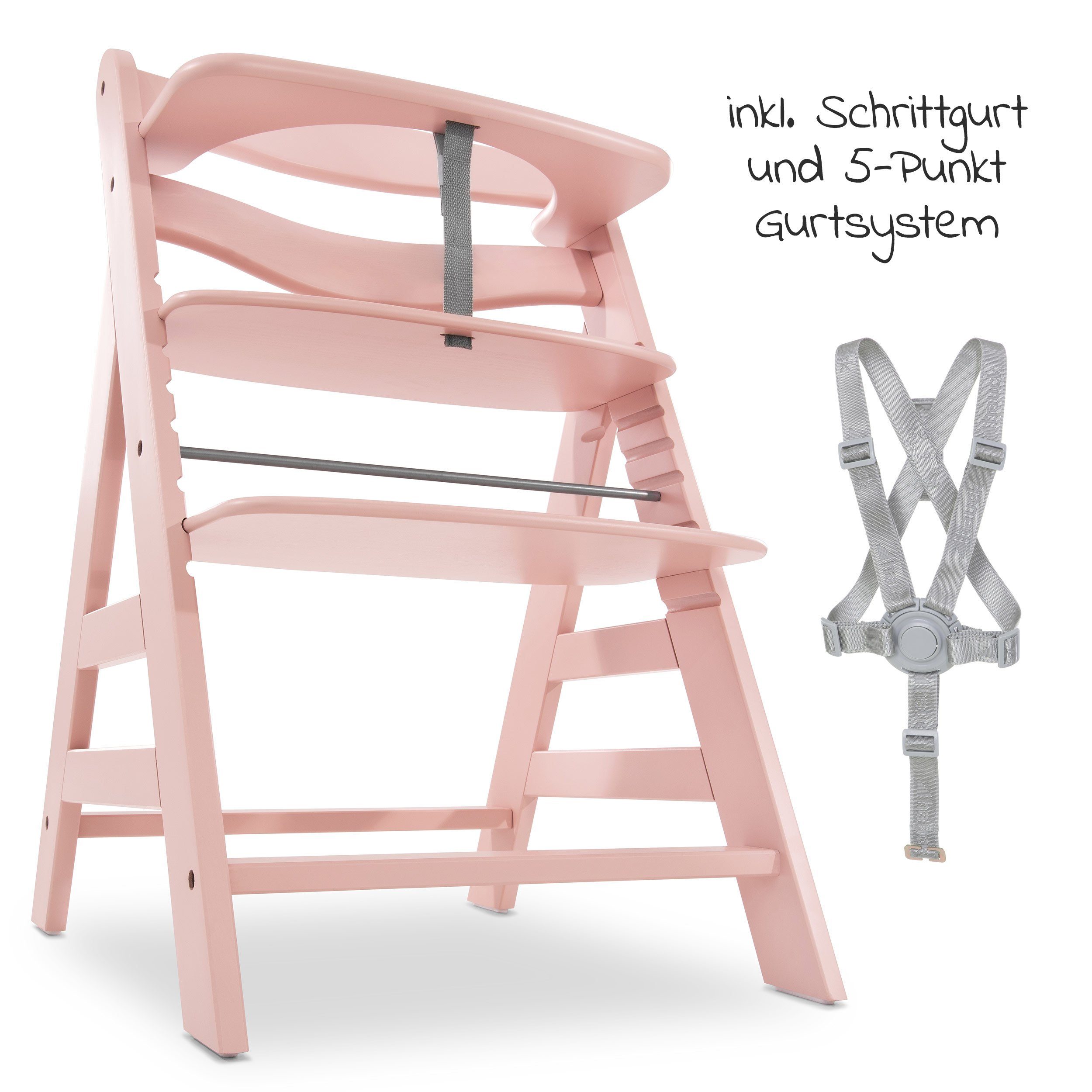 Hauck Hochstuhl Alpha Plus - Rosa (2 St), Mitwachsender Holz Kinderhochstuhl mit Sitzauflage höhenverstellbar