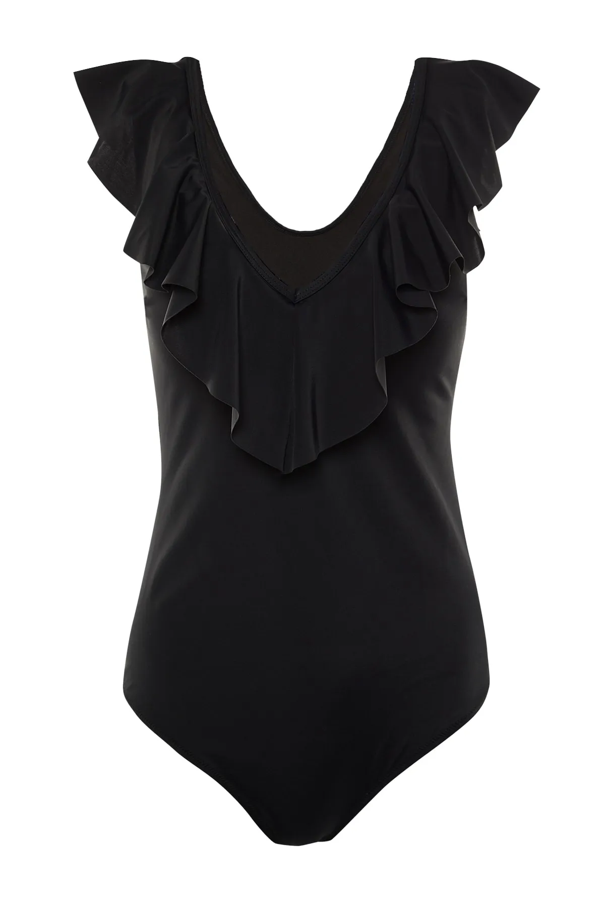 Trendyol Curve  Schwarzer Badeanzug mit Volant und Überwurf und tiefem V-Ausschnitt TBBSS22MA0299