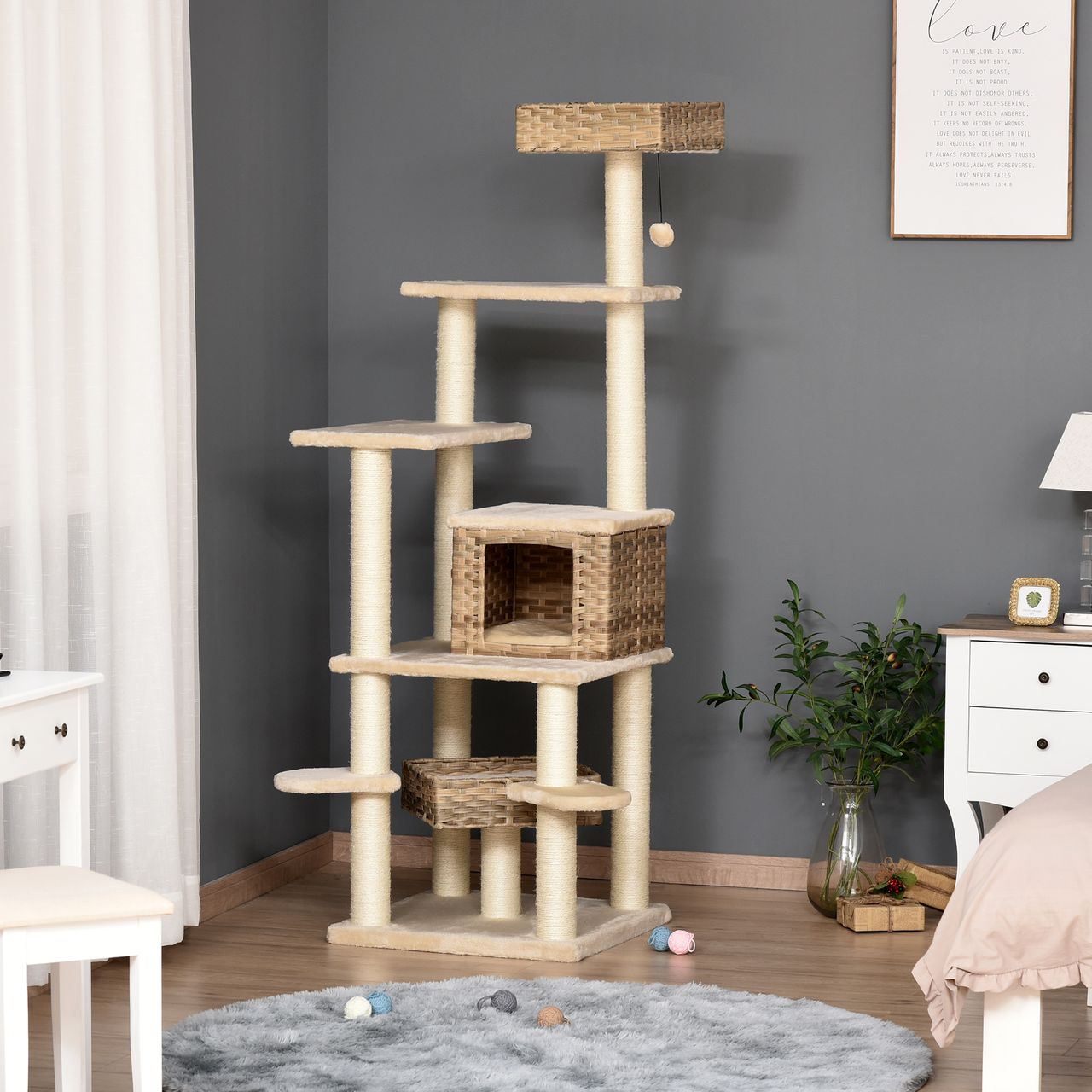 PawHut Rattan Kratzbaum mit Katzenhöhle Hängematte Mehrstufiger Katzenbaum Kletterbaum für Katzen E1 MDF Sisal Beige Braun 55 x 55 x 174 cm
