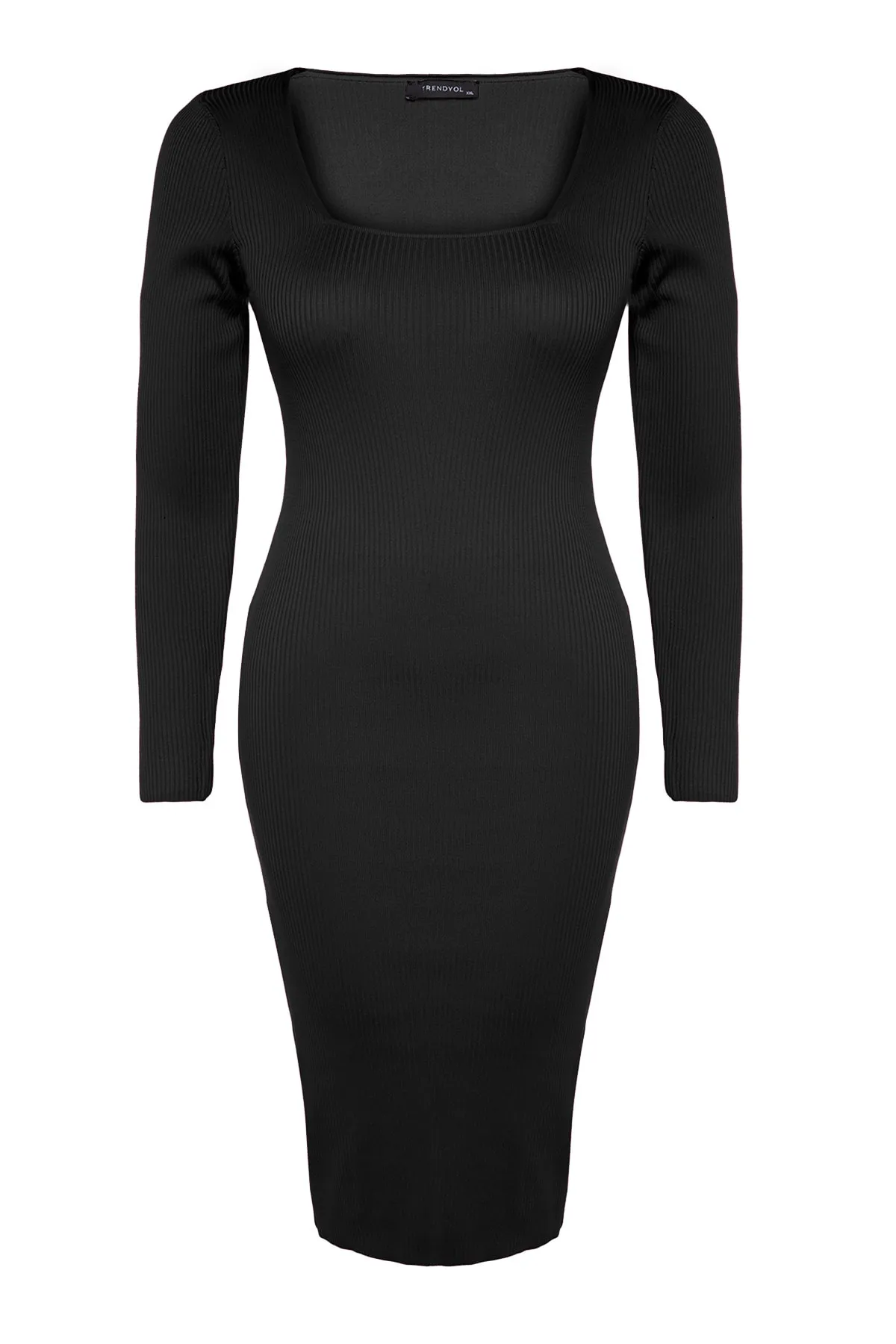 Trendyol Curve  Schwarzes, figurbetontes Strickkleid mit eckigem Kragen TBBAW24AH00005
