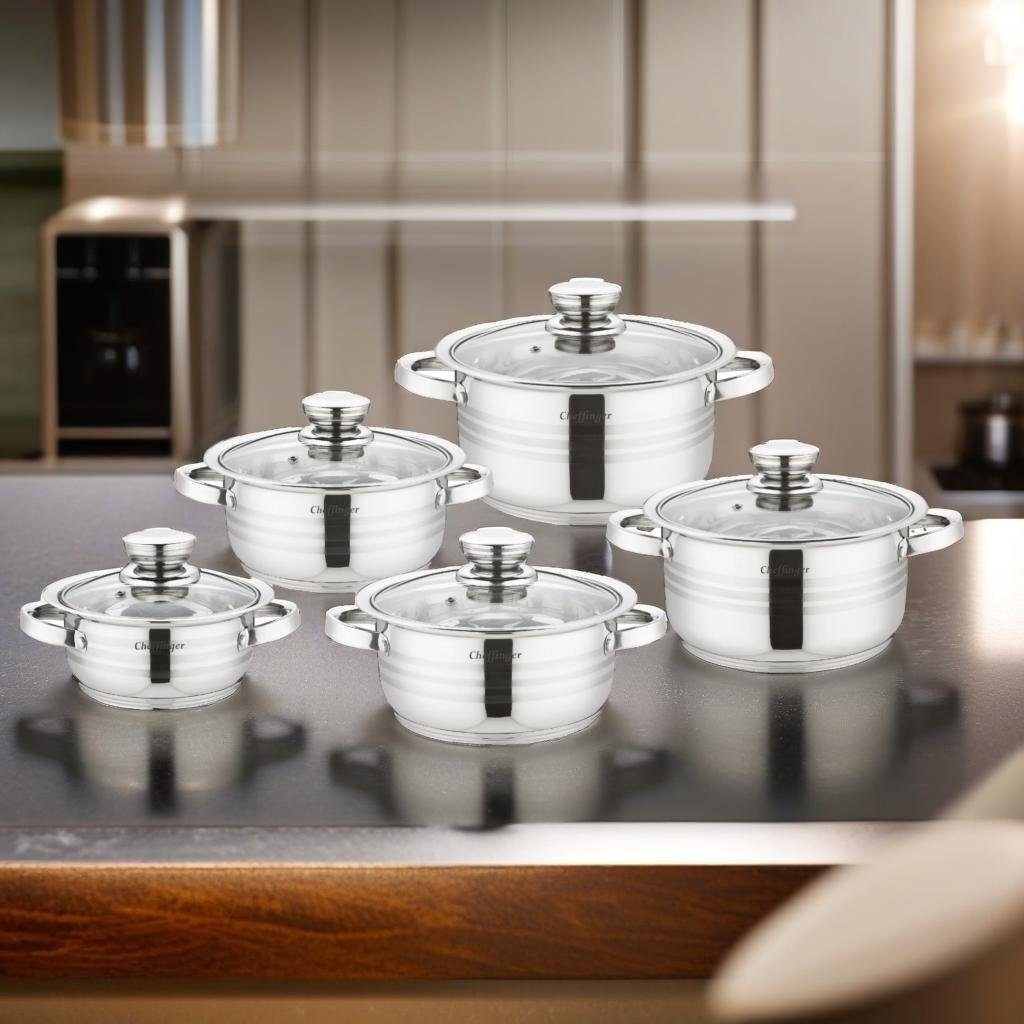 KESSMANN Topf-Set Edelstahl Induktion Topfset 5 Töpfe + 5 Glasdeckel + Inkl. Zubehör, Edelstahl 18/10 (Set, 15-tlg., 1 Pfannenwender + 3 Kork-Untersetzer + 1 Holzlöffel Antihaft rostfrei), Induktionsherd Fleischtopf Kochtopf Schmor Pfanne Brattopf Br