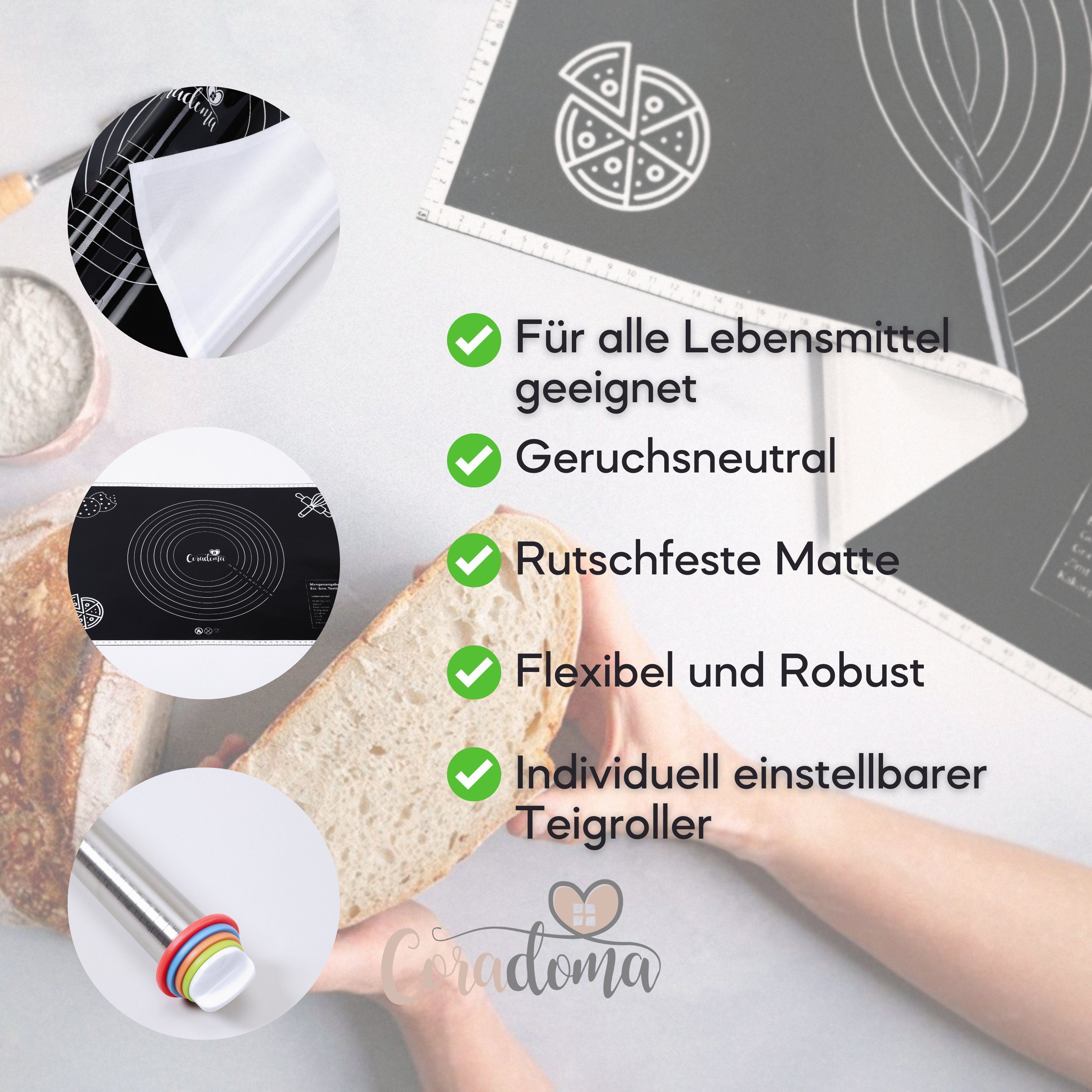 Coradoma Backmatte Backmatte 60x40 cm mit Teigroller Silikonmatte Backunterlage Teigmatte, Silikon