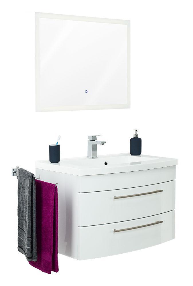 Posseik Badmöbelset Luna 80 mit runder Front weiss hochglanz LED Spiegel 80 cm EEK: F
