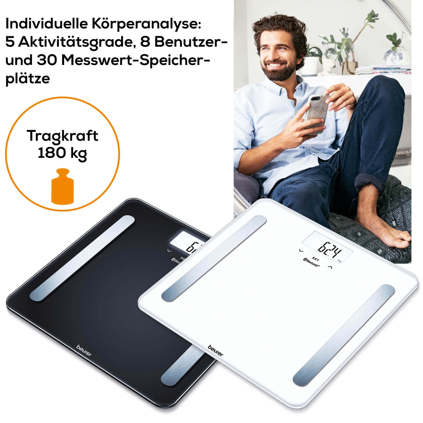 Beurer Diagnosewaage BF 600 Pure Black-Analysewaage mit BMI Ganzkörperanalyse & App-Anbindung - bis 180 kg