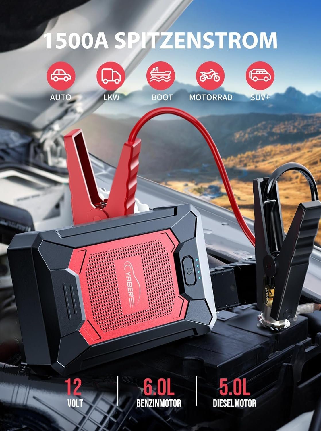 Yaber Starthilfegerät 12800 mAh, 1500A Spitzstrom Tragbare Auto Starthilfe