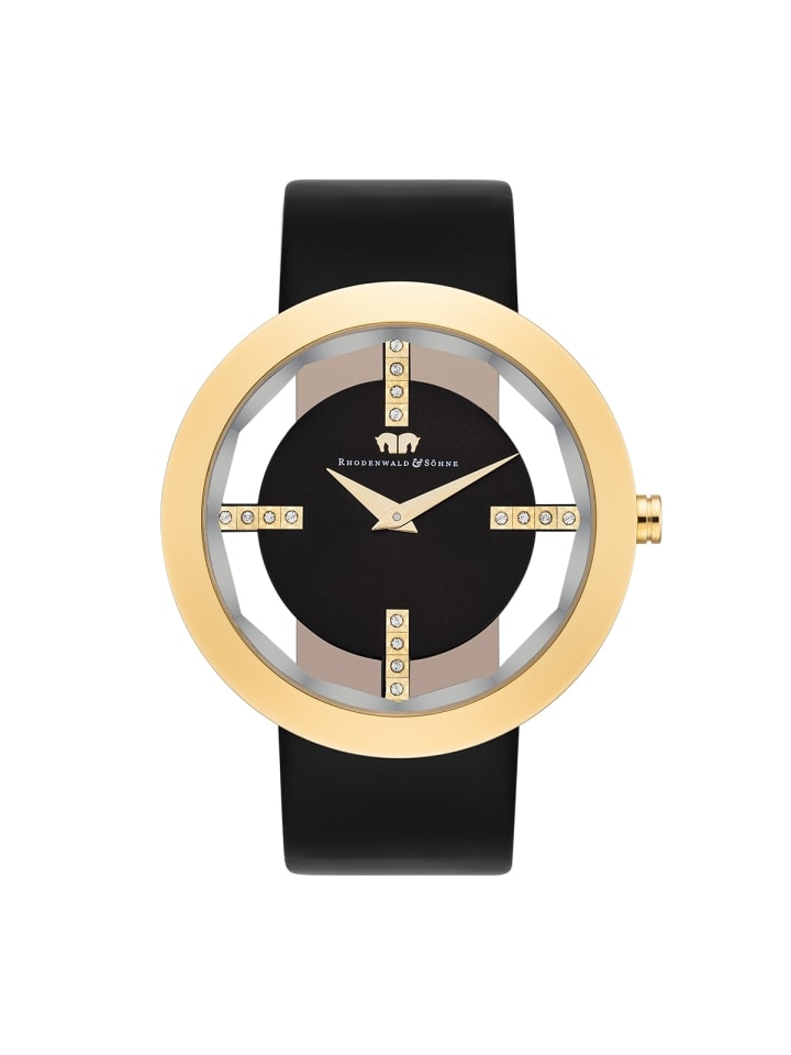 Rhodenwald & Söhne Damen Quarzuhr gelbgold Echtleder schwarz in schwarz günstig kaufen 18 cm