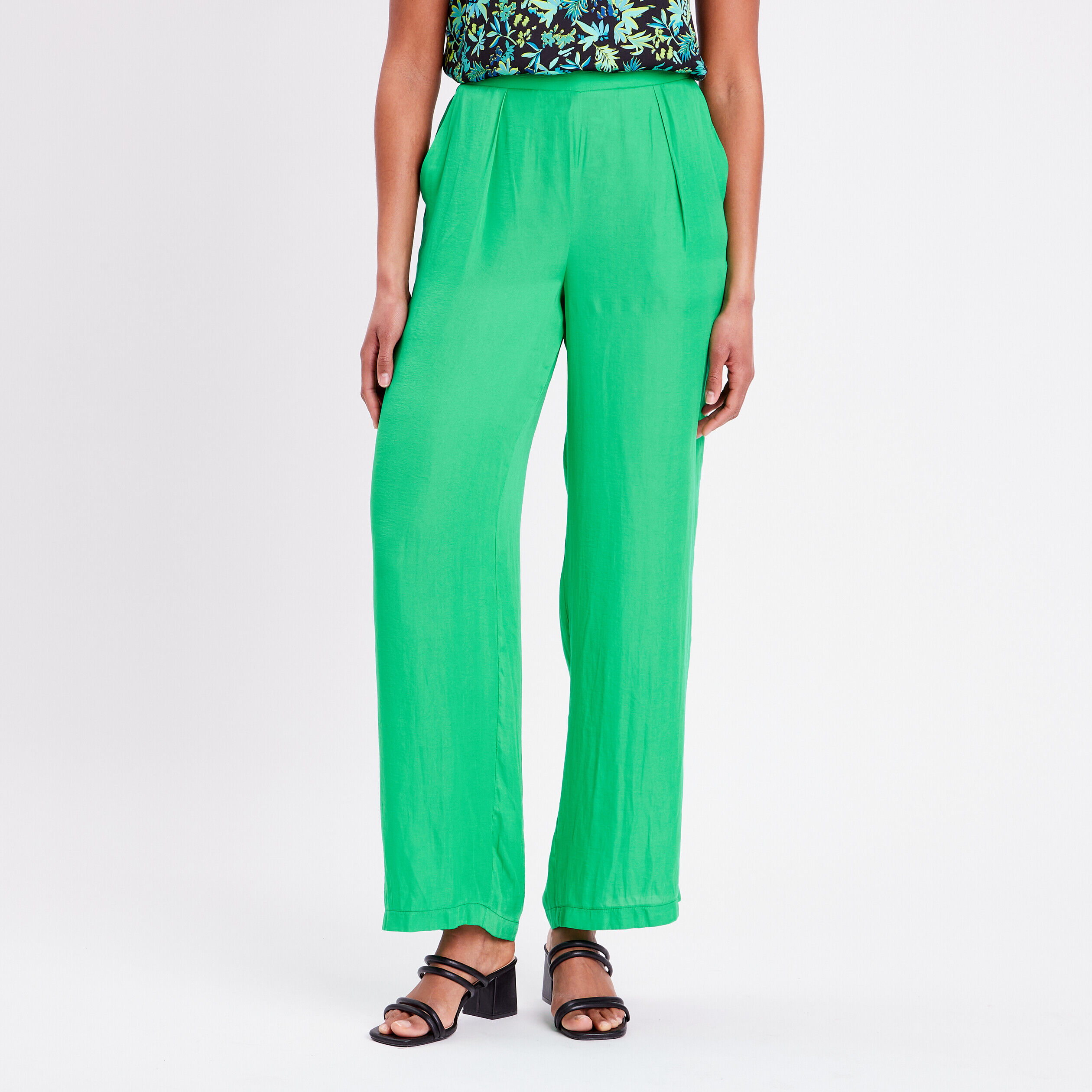 Pantalon city large satin vert femme | Cache Cache