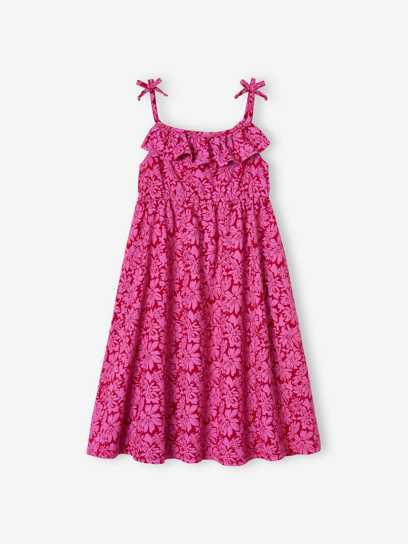 Robe mi-longue à bretelles imprimée fleurs fille framboise