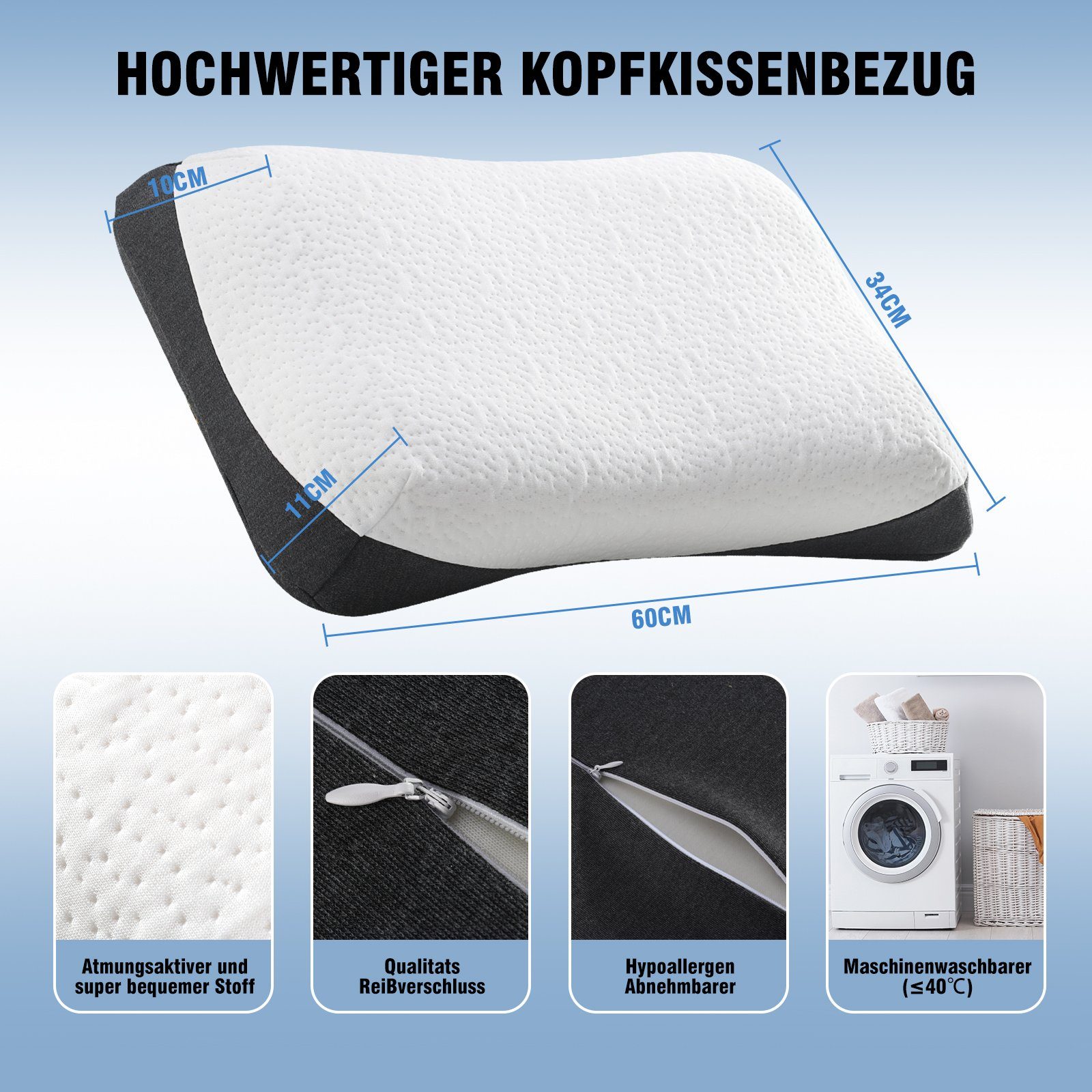 Nackenstützkissen Nackenstützkissen höhenverstellbar für nackenschmerzen und schulter, Elegear, Füllung: Memory-Foam, Bezug: Modalstoff, Rückenschläfer, Seitenschläfer, Bauchschläfer, 60X34cm Kopfkissen, Schlafkissen mit Bezug