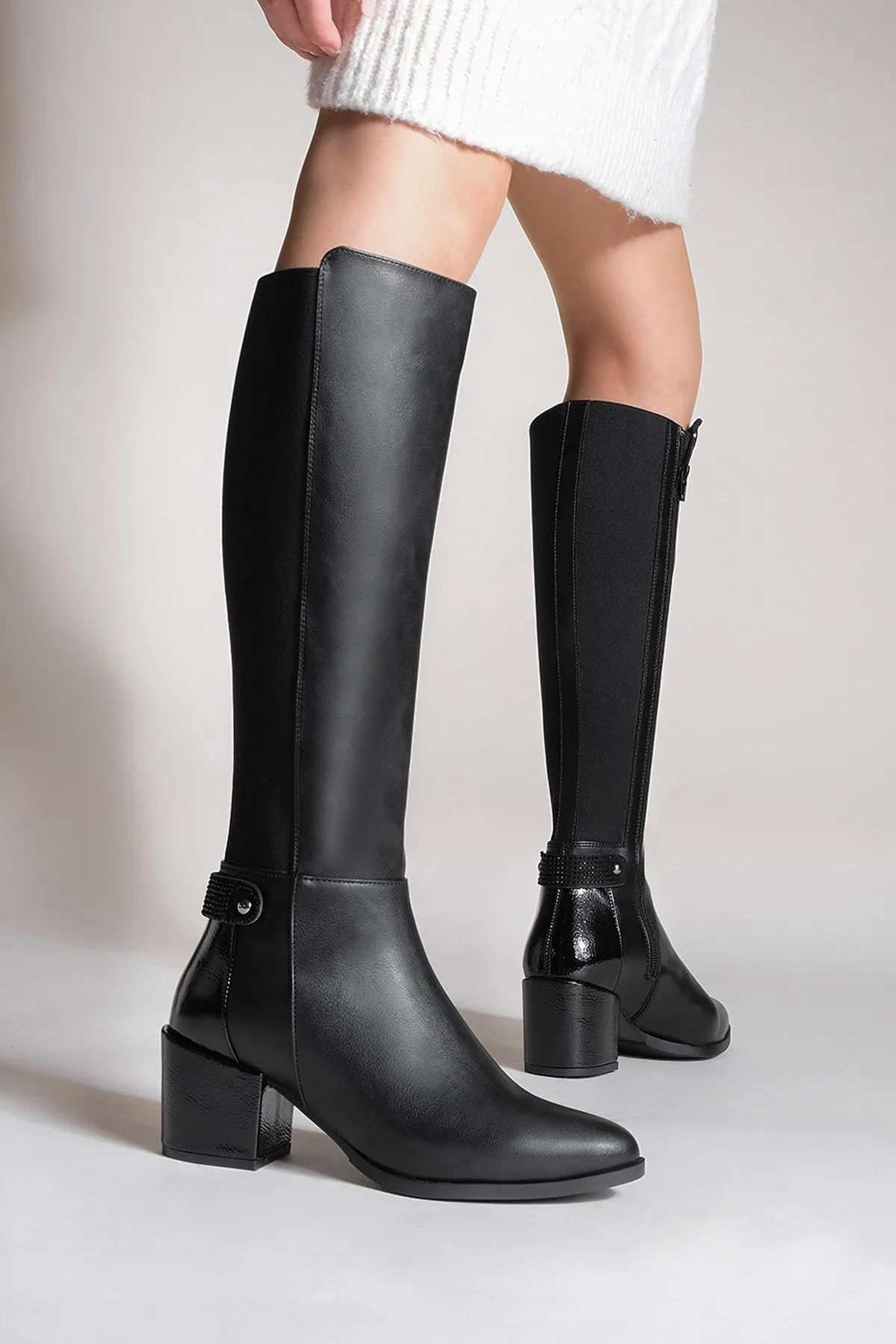 Marjin  Damen-Stiefel mit Absatz unterhalb des Knies, dehnbar, elastisch, für den täglichen Gebrauch, klassische Stiefel von Aret, Schwarz