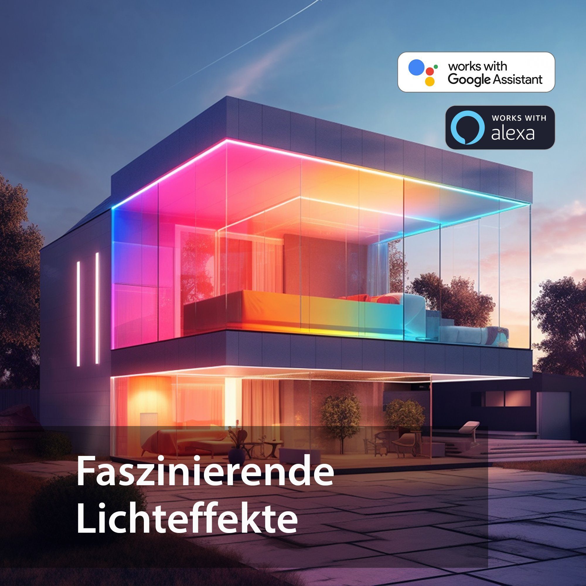 XCOAST LED-Streifen 2m SMARTES SELBSTKLEBENDES LED BAND, dimmbar, 90cm Netzkabel, Music-Sync, 16M Farben, 30 LED/m