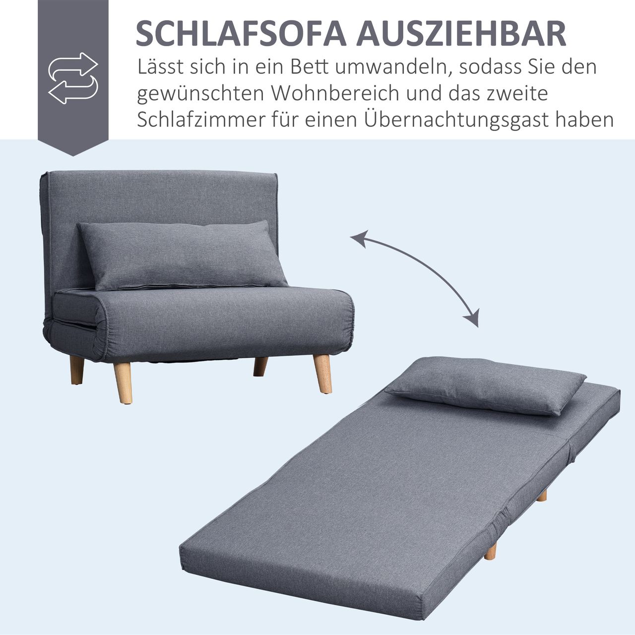HOMCOM Einzelsofa Schlafsofa Sofabett Klappsofa verstellbar Rückenlehne Liege nordisch skandinavisch 25D Schaumstoff Haus Leinenimitat Tannenholz Grau