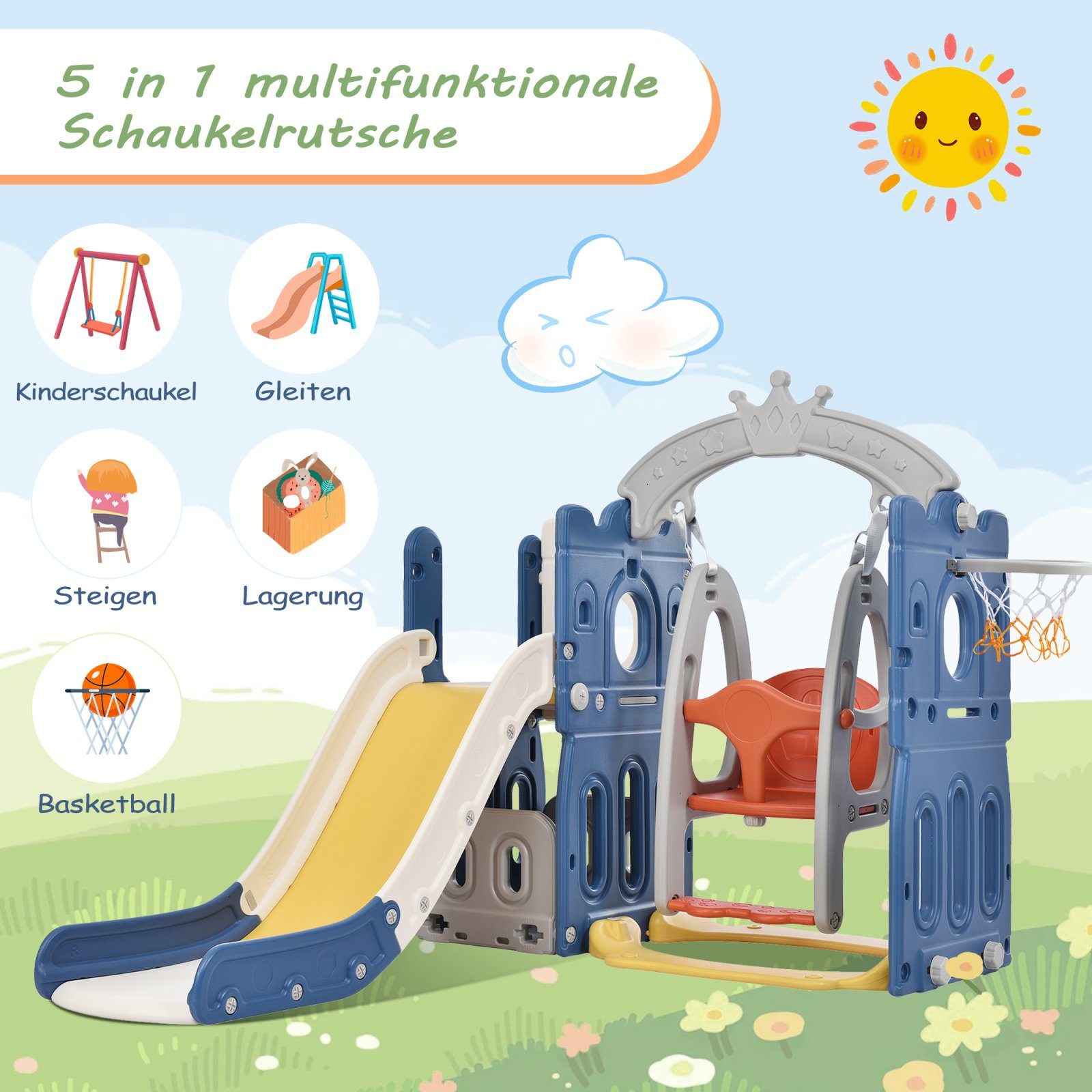 SEEZSSA Indoor-Rutsche Slide Kletterspielzeug 5 in 1 Kinderrutsche Gartenrutsche für Kinder, Klettern Stauraum Basketballrahmen Schaukel Kinder Spielplatz