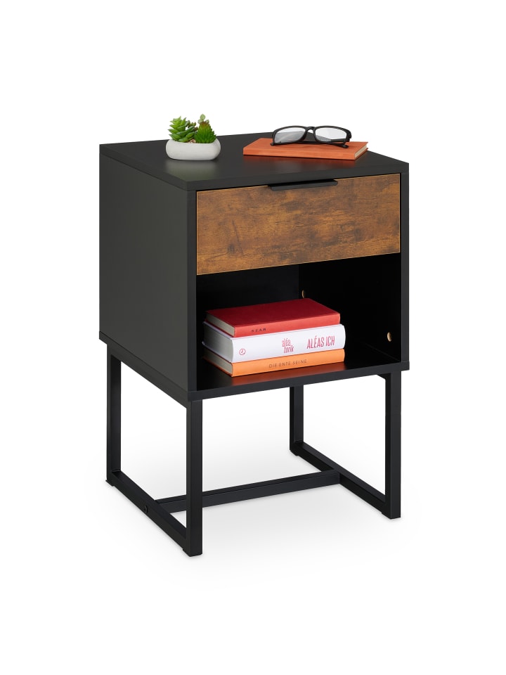 relaxdays Nachttisch in Schwarz/ Braun - (B)40 x  (H)60,5 x (T)41,5 cm günstig kaufen onesize