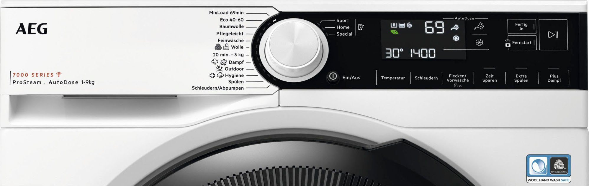 AEG Waschmaschine 7000 ProSteam® LR7D70490, 9 kg, 1400 U/min, ProSteam - Dampf-Programm für 96 % weniger Wasserverbrauch & Wifi
