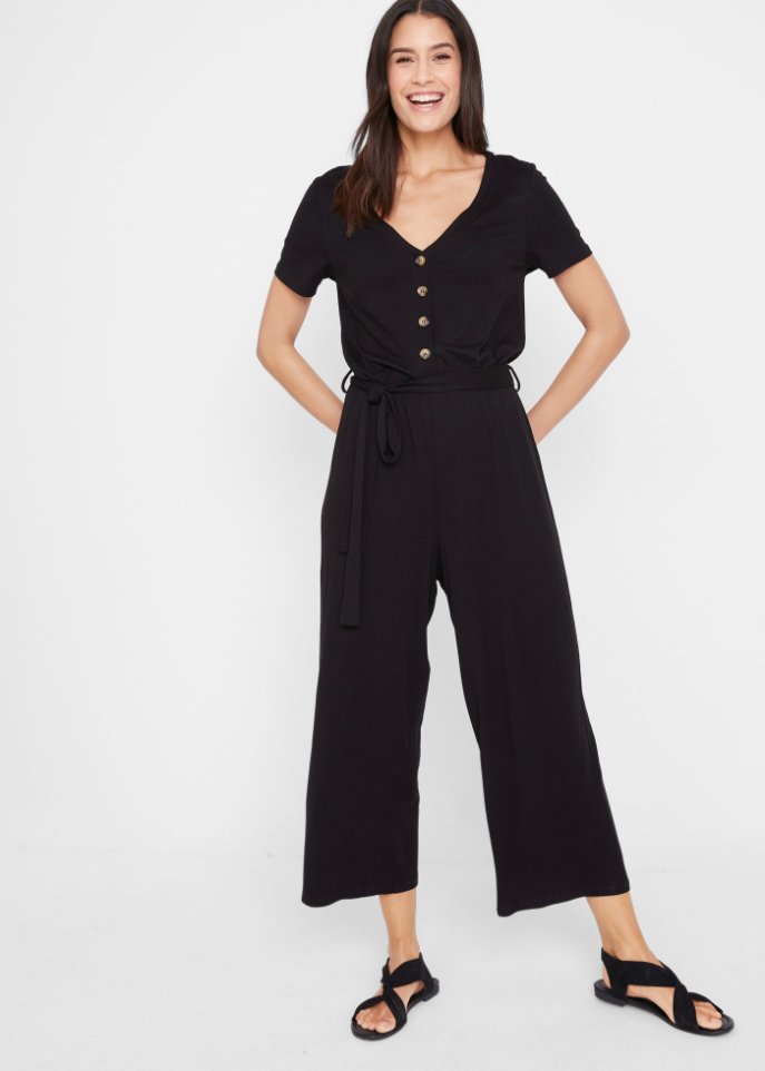 Jersey-Jumpsuit mit V-Ausschnitt, kurzarm