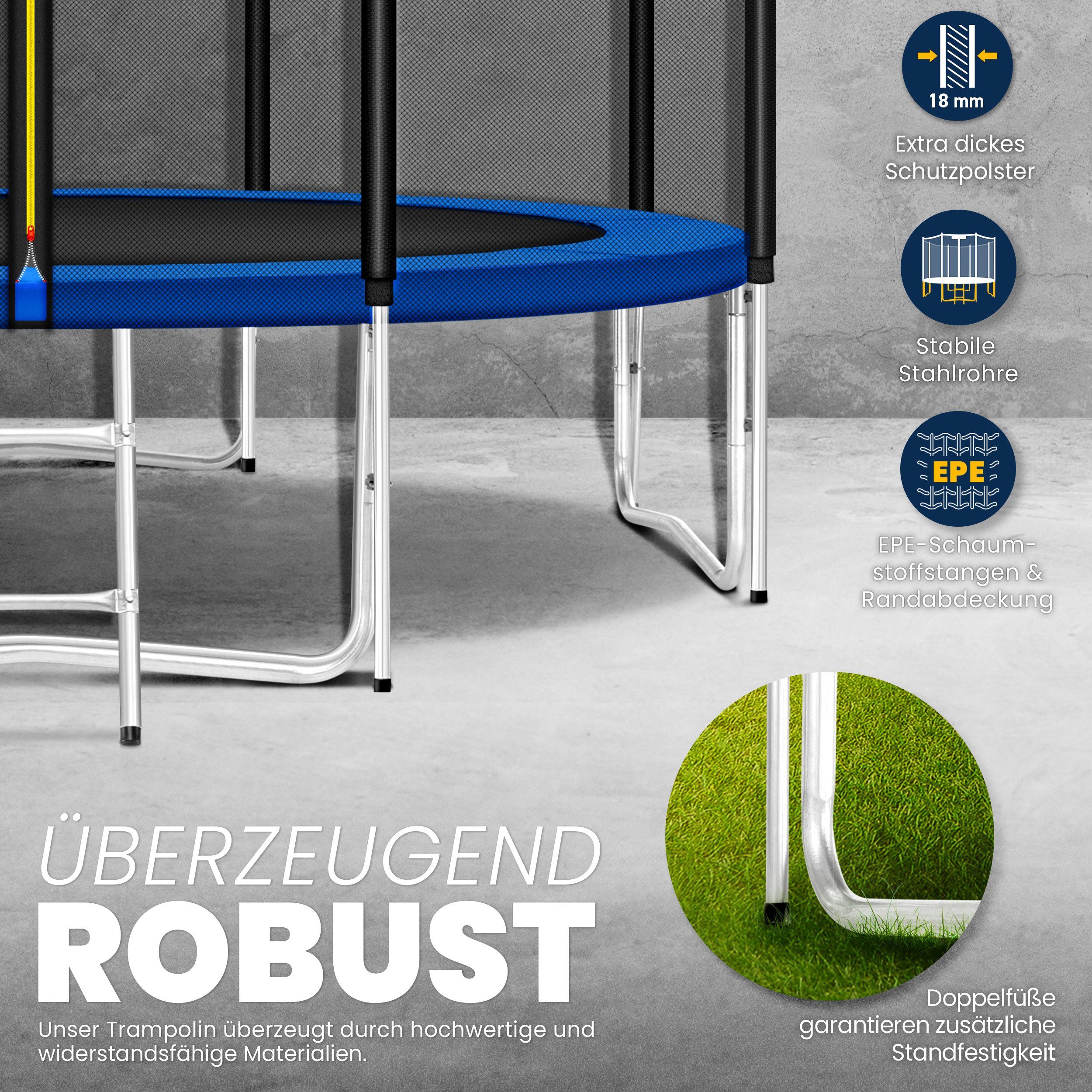 KIDUKU Gartentrampolin Trampolin Outdoor 244 - 427 cm Komplettset Belastbarkeit 150 kg, Ø 305 cm, Sicherheitsnetz, Leiter, Randabdeckung, Bodenanker, Kinder-Trampolin