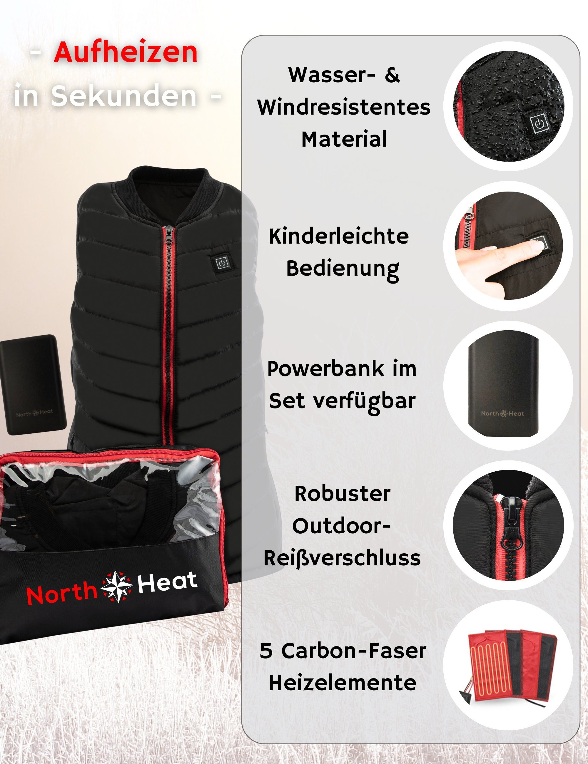 NorthHeat Funktionsweste Premium beheizbare Weste (im praktischen Aufbewahrungstasche, bequeme Passform durch Seitenerweiterung) Seitenerweiterung, 5 Heizzonen, 45 - 55 Grad