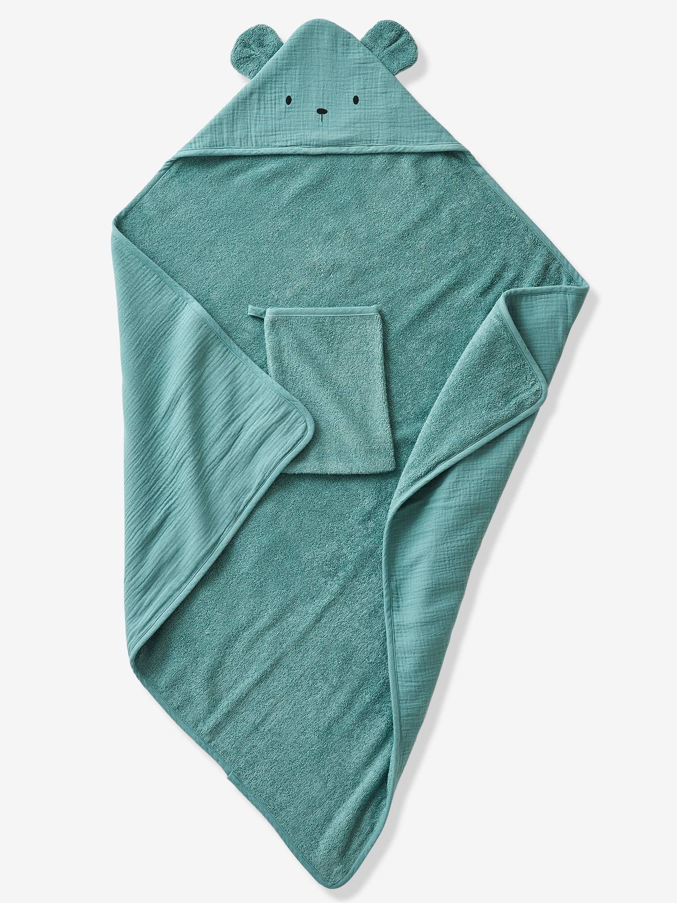 Vertbaudet Bio-Kollektion: Baby Kapuzenbadetuch & Waschhandschuh - senfgelb