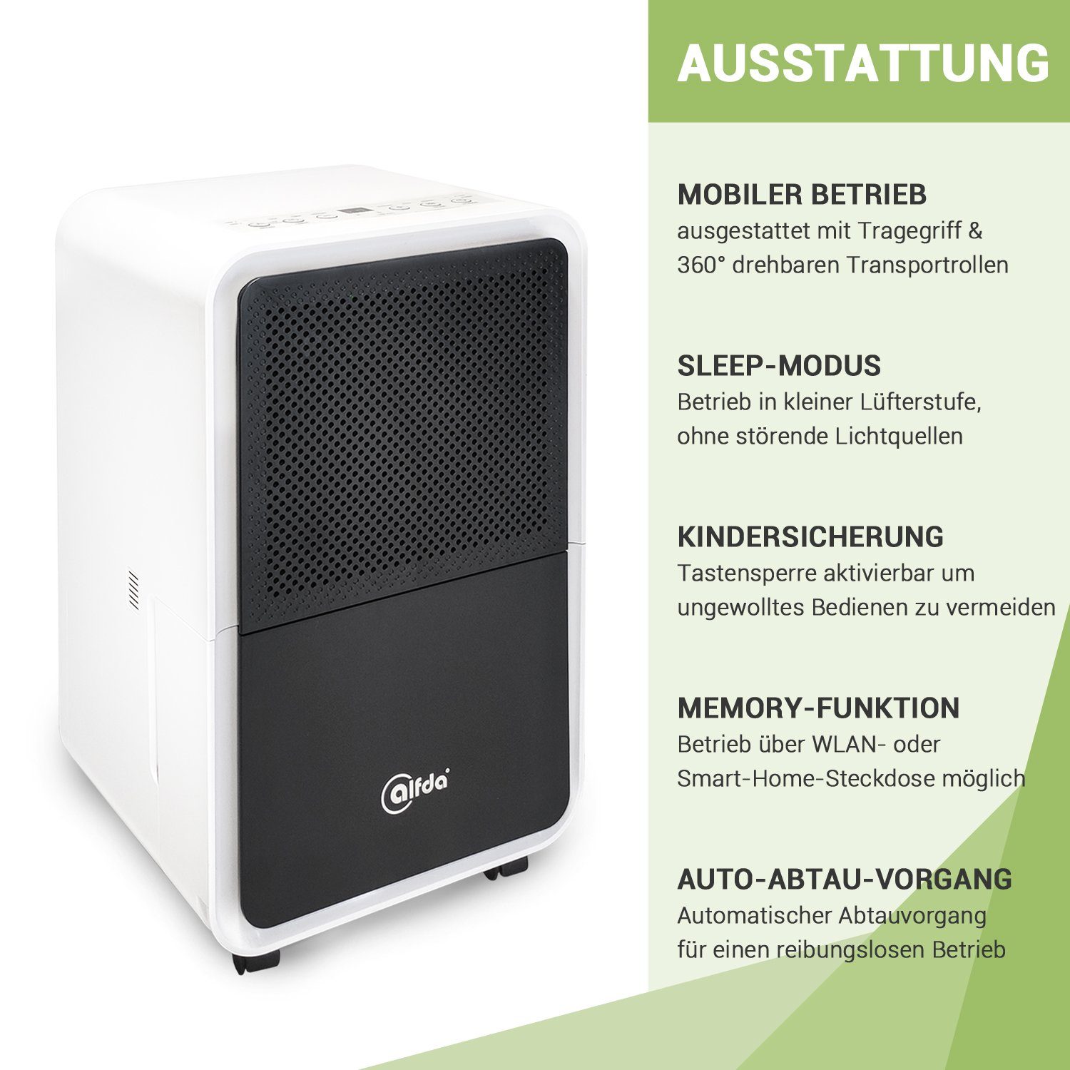 alfda Luftentfeuchter AEF1200, für 62 m³ Räume, Entfeuchtung 12,00 l/Tag, Tank 2,50 l, Automatikprogramm, bis 25 m², Drainageanschluss, gegen Feuchtigkeit
