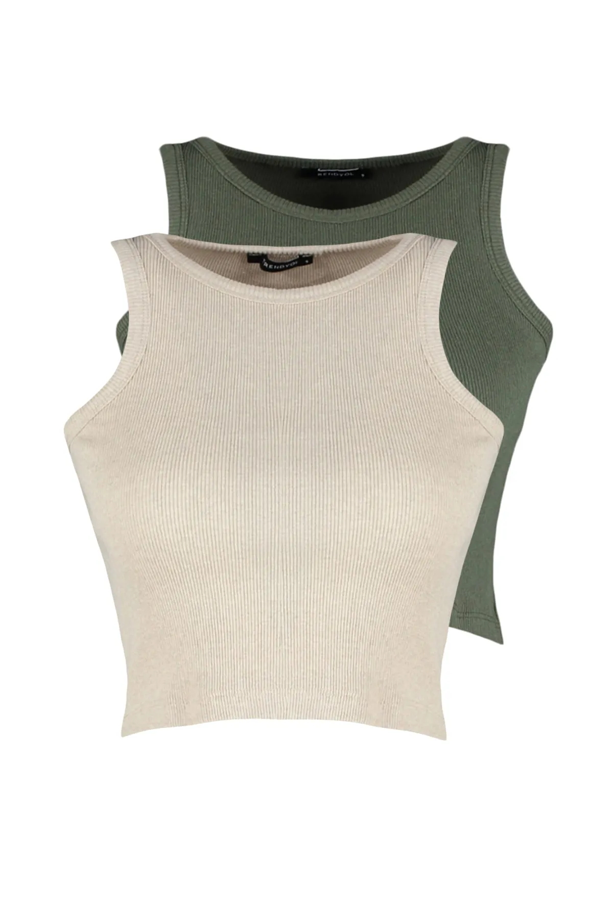 Trendyol Collection  Khaki-Beige 2er-Pack tailliertes/tailliertes Crop-Neckholder-Tanktop aus geripptem flexiblem Strick TWOSS21AL0058