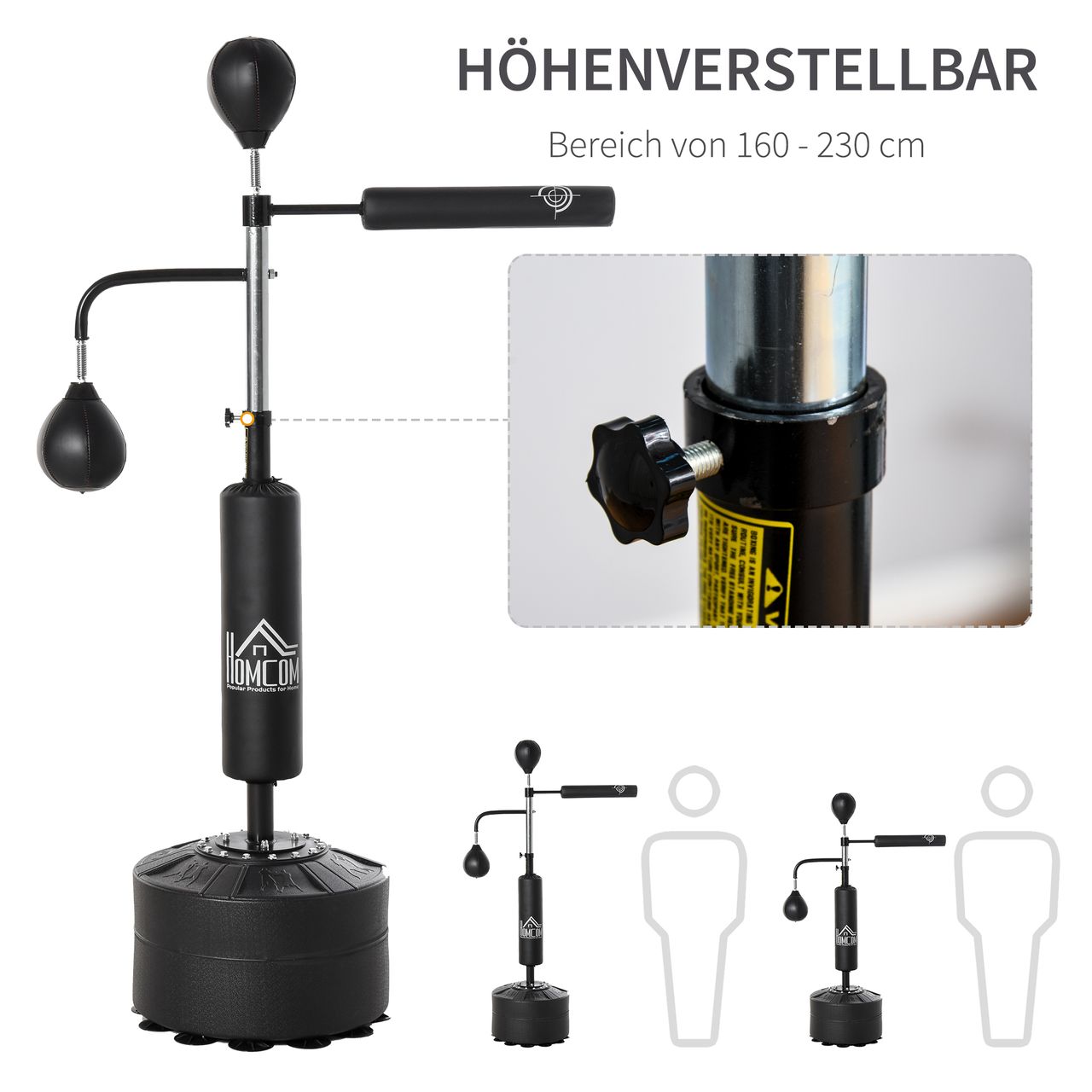 HOMCOM Boxstand Standbox-Trainer mit 2 Speedbällen 360°-Reflexstange 160-230cm höhenverstellbar