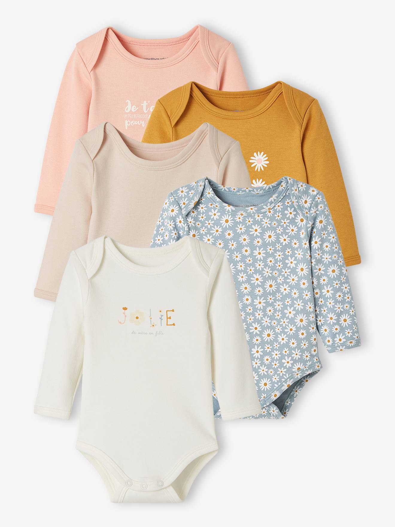 Lot de 5 bodies manches longues bébé ouverture US lot curcuma